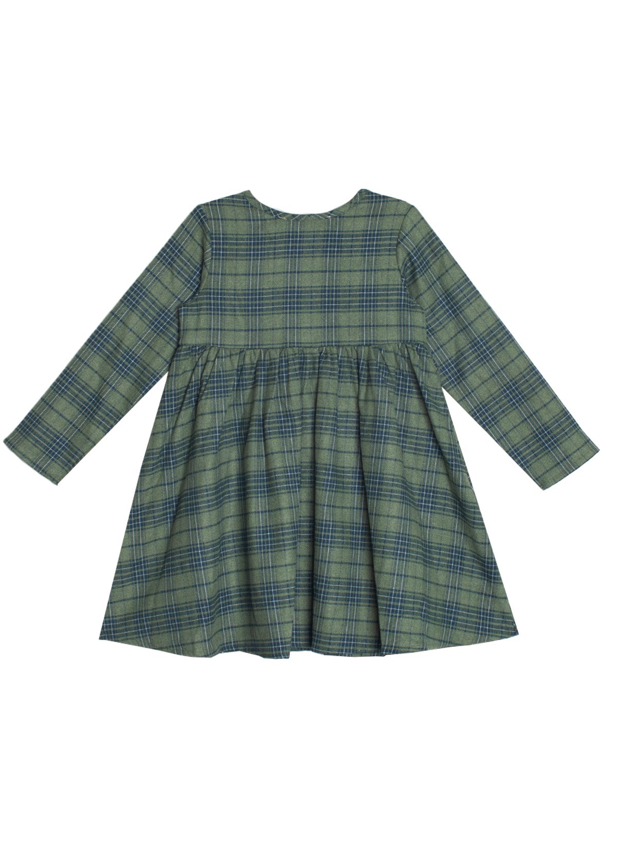The Mabel and Honey Cozy Creatures Dress is a long-sleeve green and blue plaid dress with a gathered waist, flared skirt, and wooden button details, shown flat on a white background.