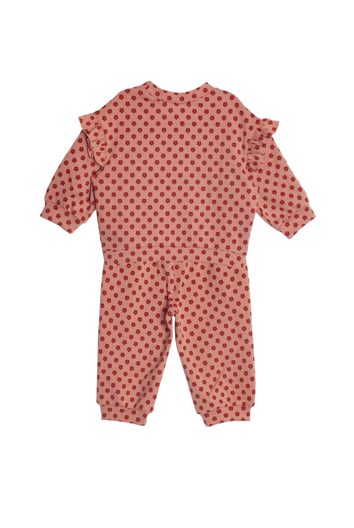 Red Velvet Two Piece Set by Mabel and Honey, featuring a soft red top with ruffled shoulders and matching pants with elastic cuffs, displayed flat on a white background.