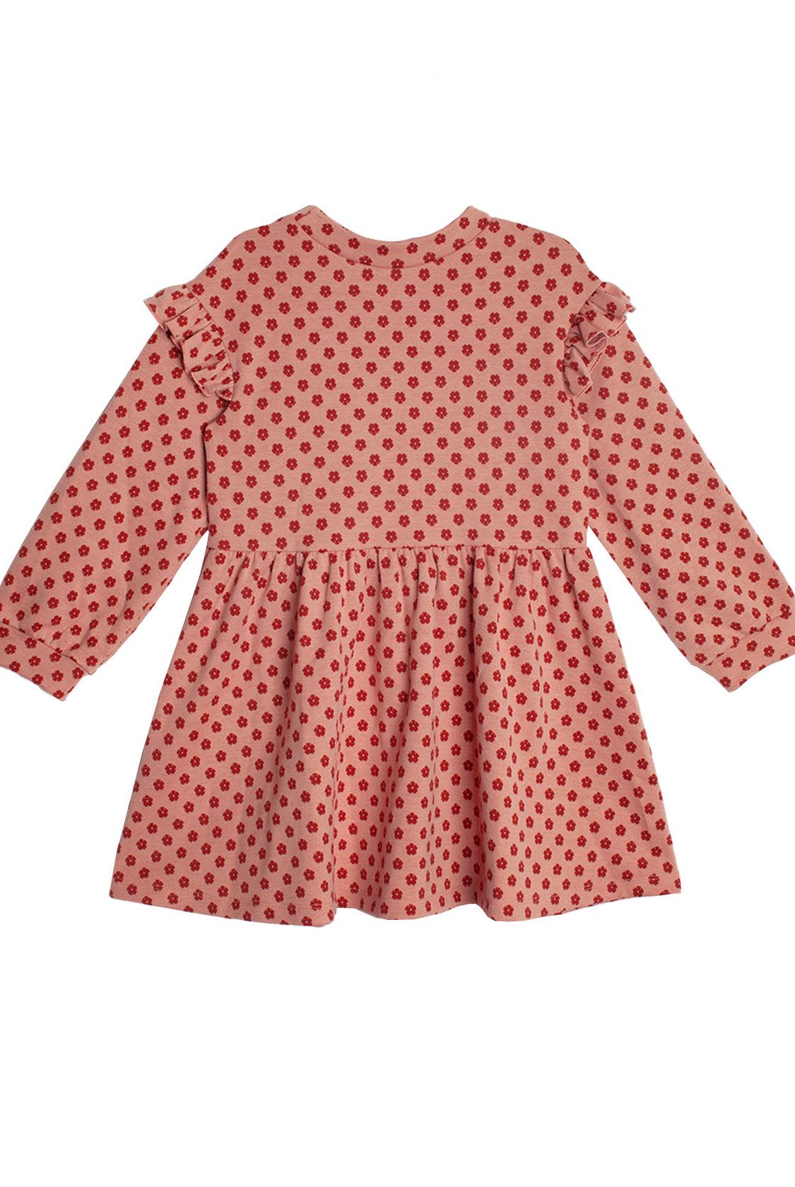 The Mabel and Honey Red Velvet Dress is a pink long sleeve dress with a flared skirt, red polka dots, ruffled shoulders, and cuff buttons for a cute, stylish look.