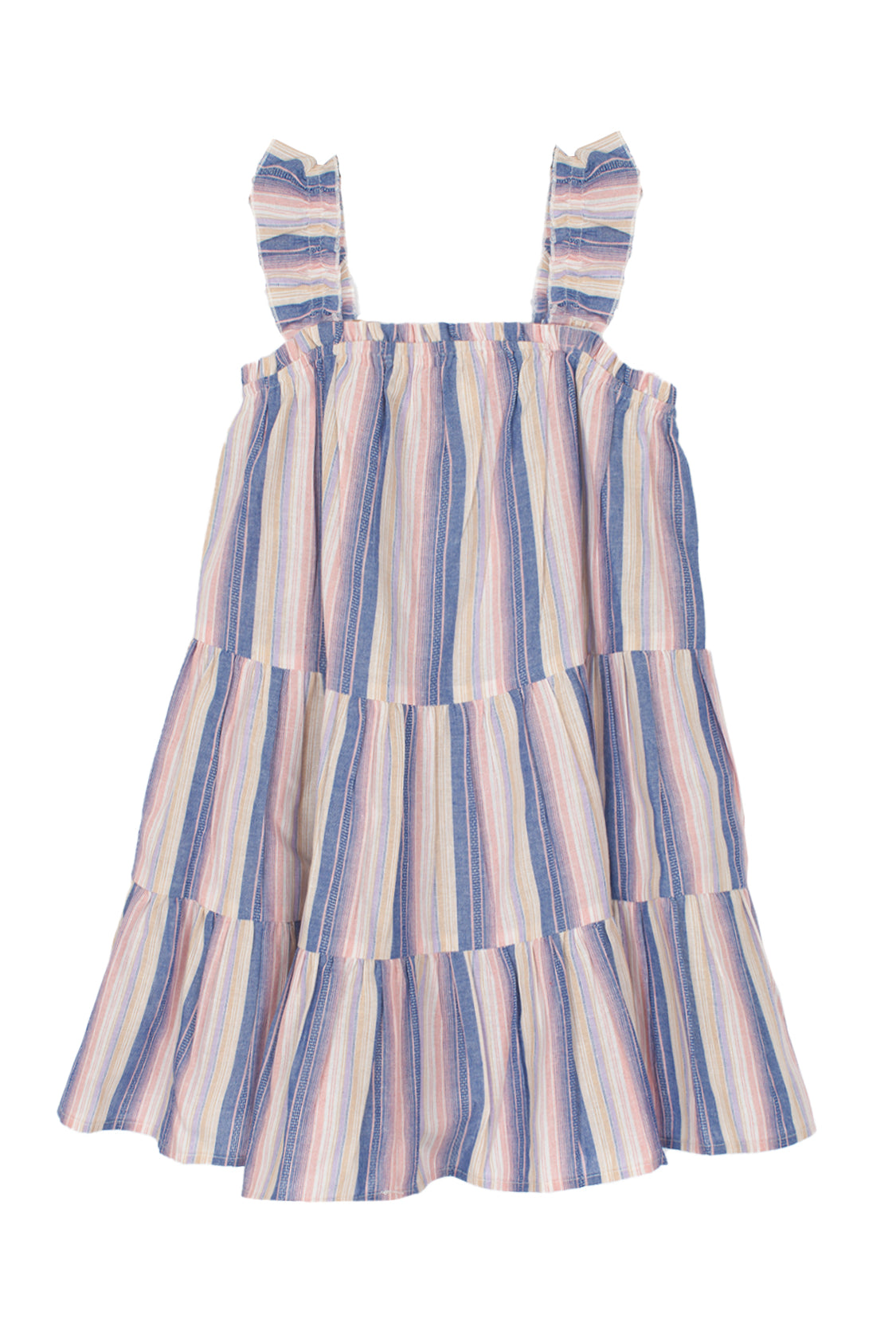 The Riley Rose Dress by Mabel and Honey is a sleeveless girl's dress with ruffle shoulder straps, a tiered skirt, and vertical pastel stripes in blue, pink, yellow, and white—perfect for any occasion.