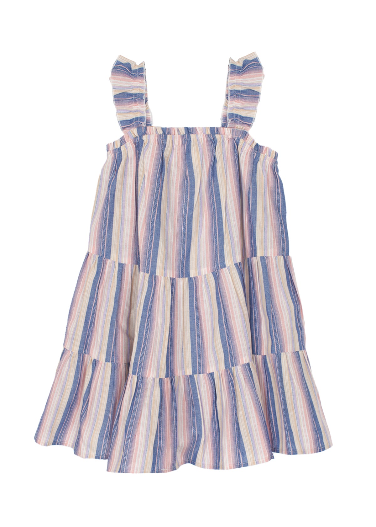 The Riley Rose Dress by Mabel and Honey is a sleeveless girl's dress with ruffle shoulder straps, a tiered skirt, and vertical pastel stripes in blue, pink, yellow, and white—perfect for any occasion.
