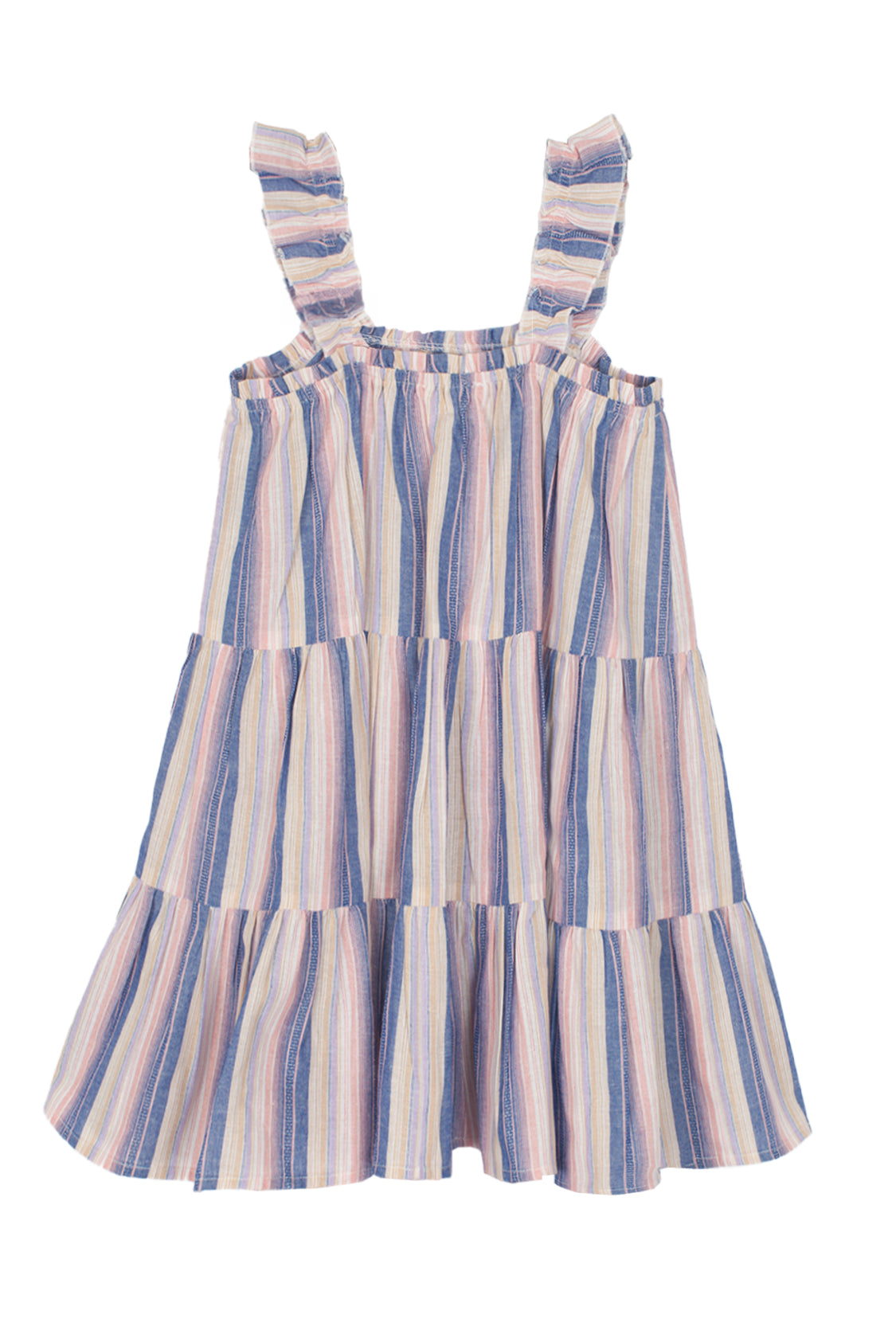 The Riley Rose Dress by Mabel and Honey is a girl's sleeveless, knee-length dress with tiered ruffles and ruffle straps. It features vertical pastel blue, pink, and yellow stripes on white.