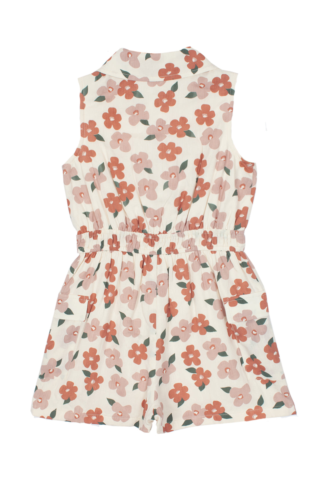 The Mavery Floral Romper by Mabel and Honey is a children's sleeveless collared romper with a pink and red floral print on white, an elastic waistband for comfort, shown here from the back.