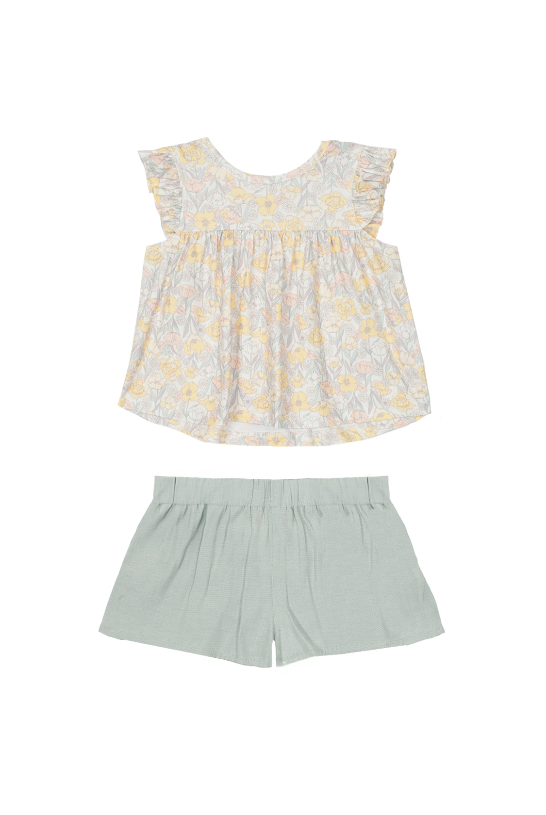 The Mila Two Piece Set by Mabel and Honey features a pastel-printed ruffle short-sleeve top in yellow and gray with solid sage green shorts, shown on a white background.