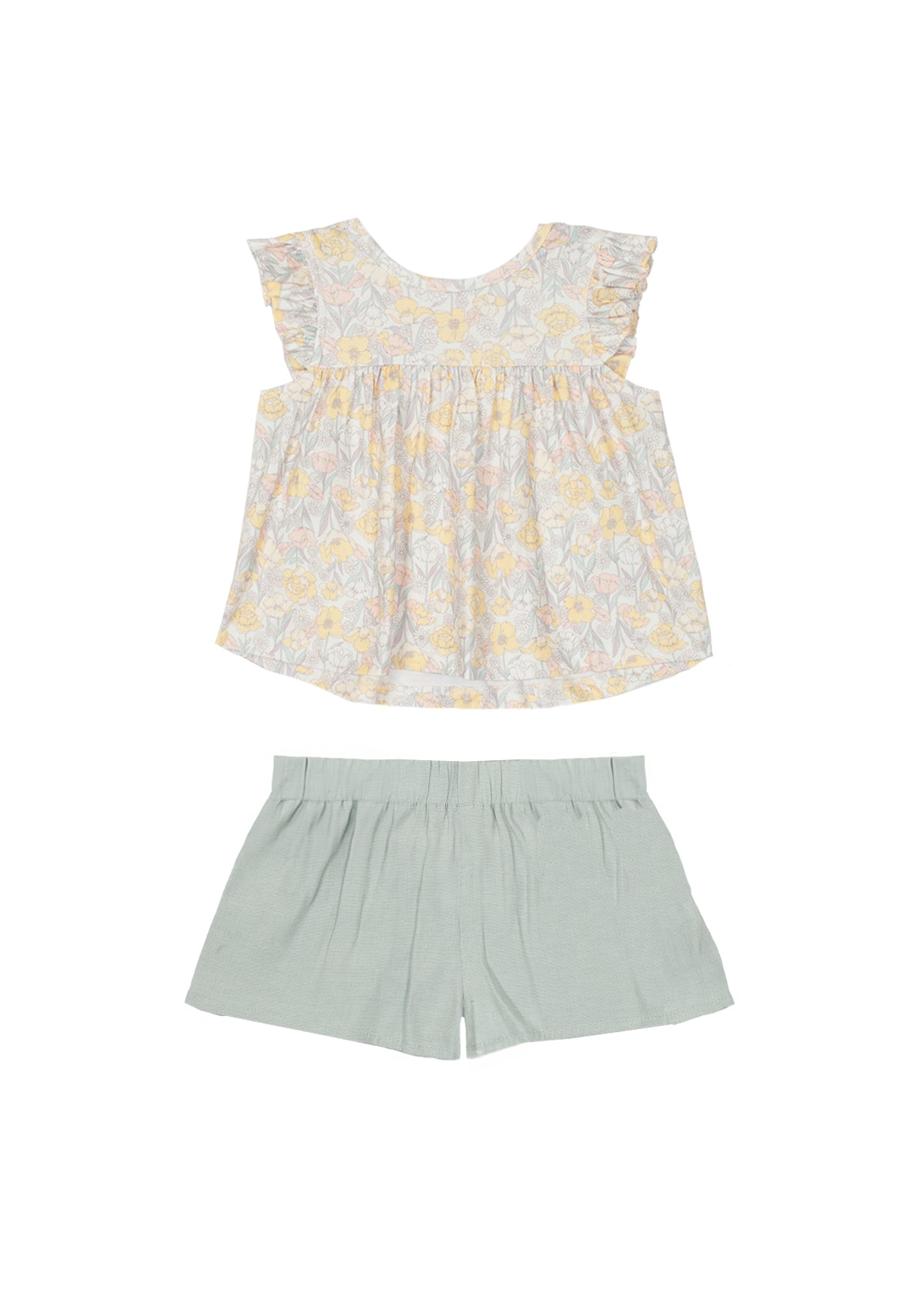 The Mila Two Piece Set by Mabel and Honey features a pastel-printed ruffle short-sleeve top in yellow and gray with solid sage green shorts, shown on a white background.