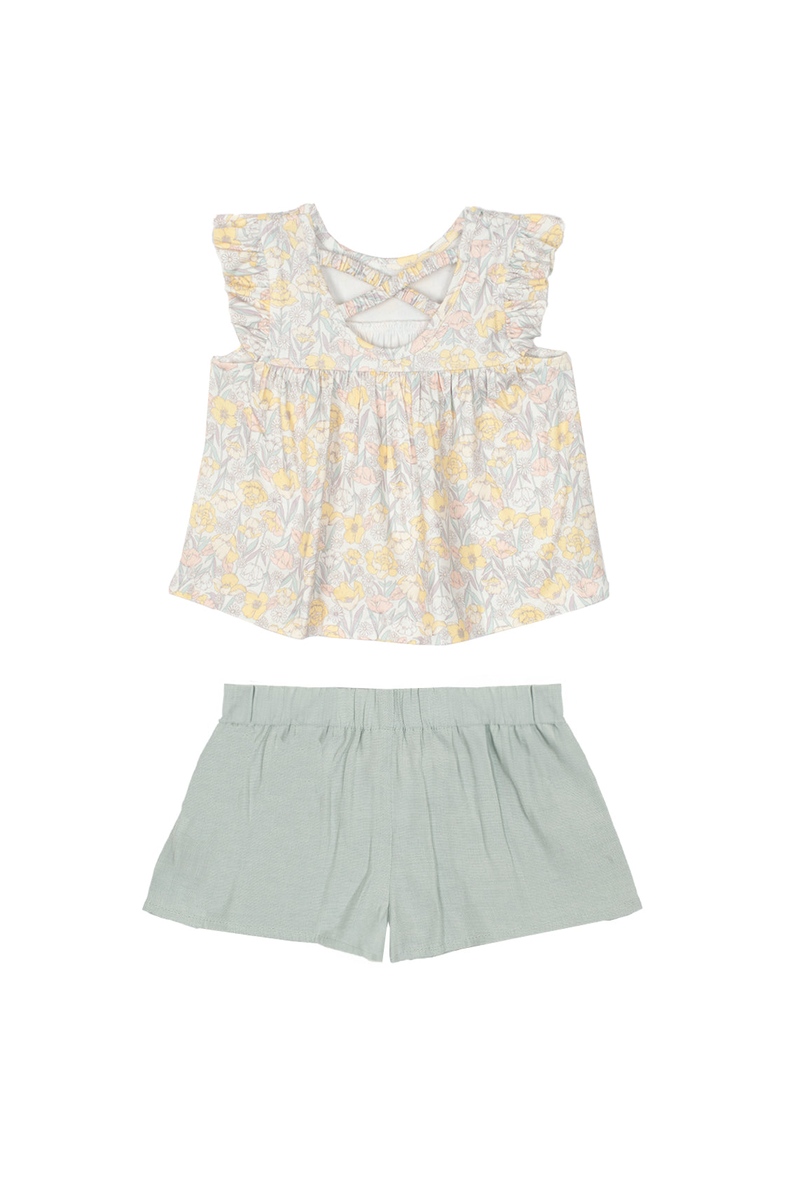 The Mila Two Piece Set by Mabel and Honey features a pastel-printed sleeveless top with ruffled shoulders and loose sage green shorts, displayed flat on a white background.