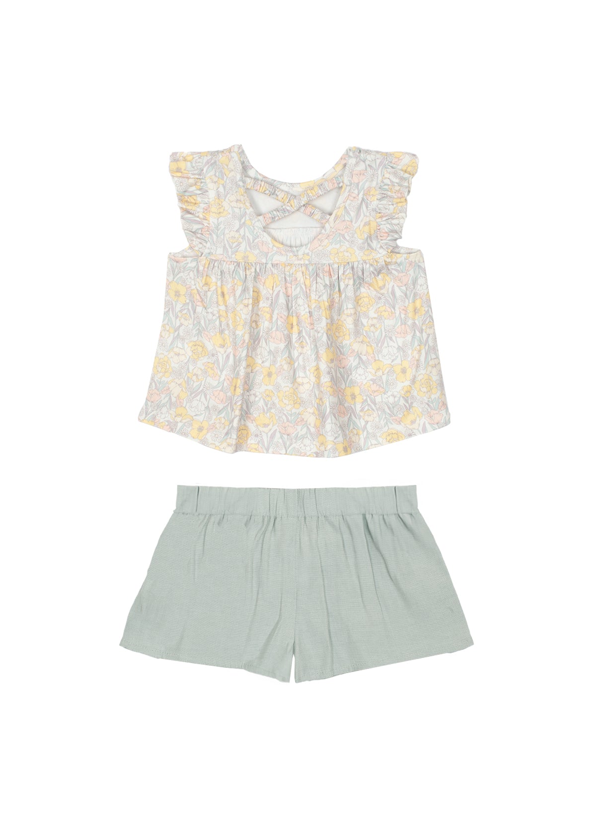 The Mila Two Piece Set by Mabel and Honey features a pastel-printed sleeveless top with ruffled shoulders and loose sage green shorts, displayed flat on a white background.