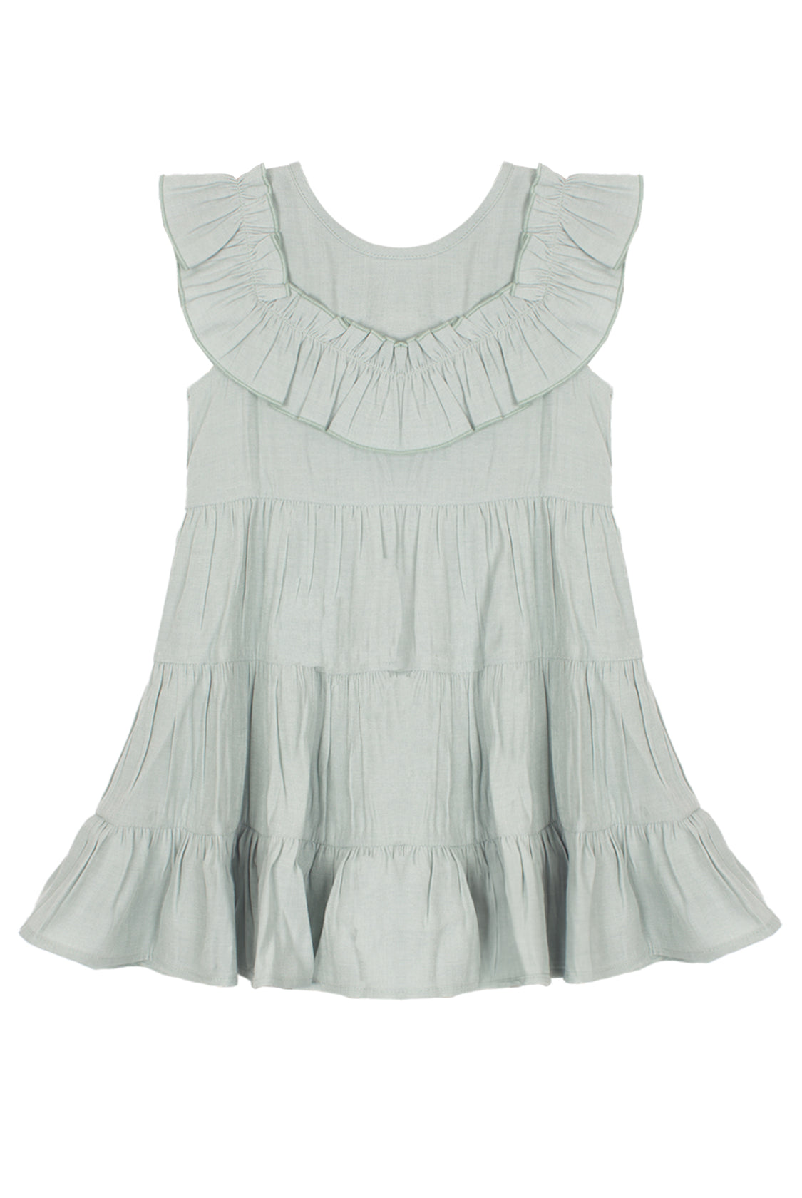 The Mila Green Emerald Dress by Mabel and Honey features a sage green hue, ruffled collar, flowy tiered layers, and loose fit—perfect for any occasion. Shown on a white background.