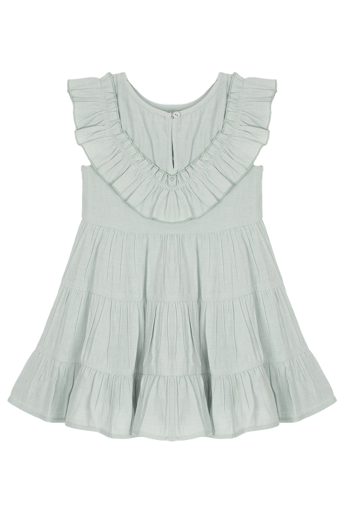 The Mila Green Emerald Dress by Mabel and Honey is a light sage green girl's dress with a sleeveless design, ruffled collar, tiered flared skirt, round neckline, and an easy back button closure.