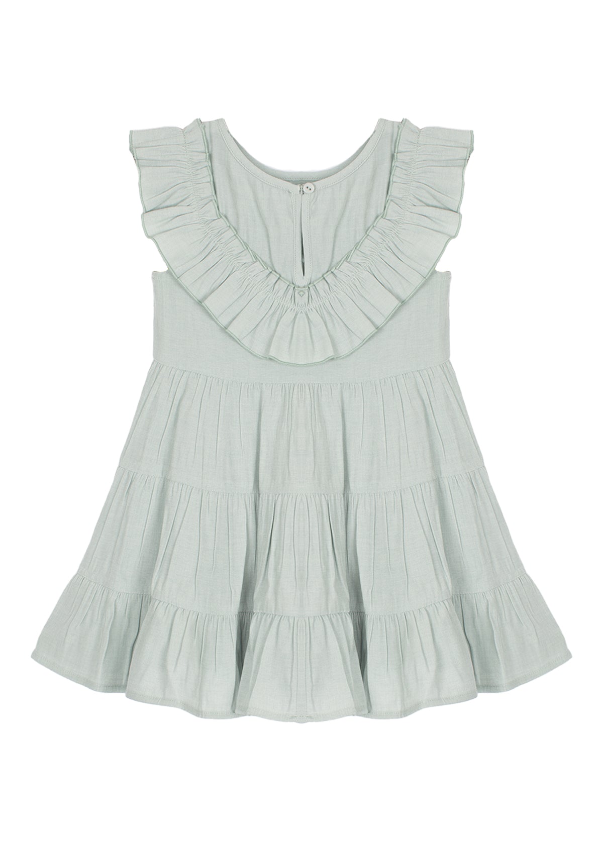 The Mila Green Emerald Dress by Mabel and Honey is a light sage green girl's dress with a sleeveless design, ruffled collar, tiered flared skirt, round neckline, and an easy back button closure.
