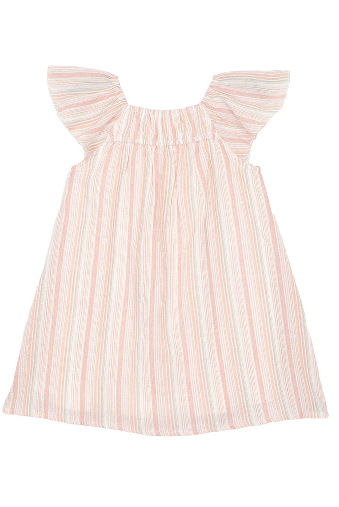 The Sandy Dress by Mabel and Honey is a sleeveless girls dress with flutter sleeves, ruffled straps, and a striped pastel pink, white, and light blue pattern on lightweight fabric for a loose, comfortable fit.
