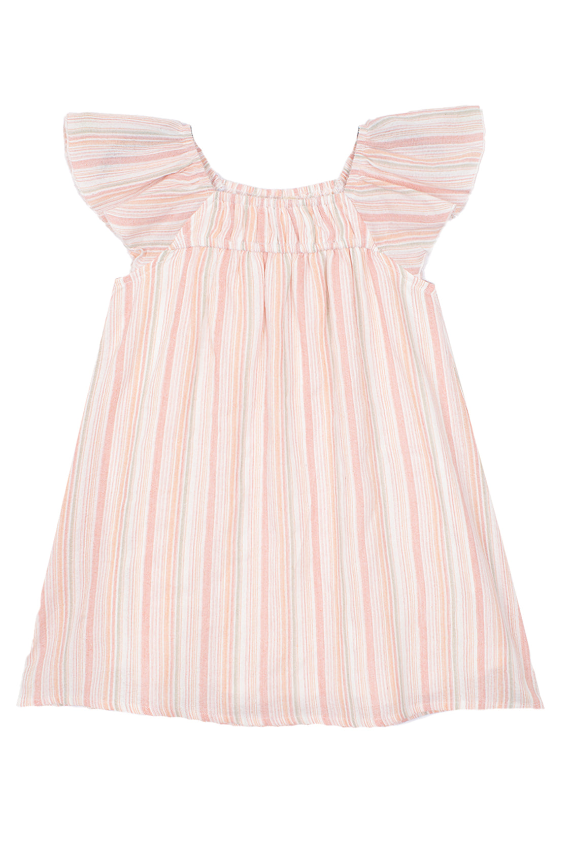 The Sandy Dress by Mabel and Honey features pink and white stripes, flutter sleeves, and a gathered neckline, shown laid flat on a white background.