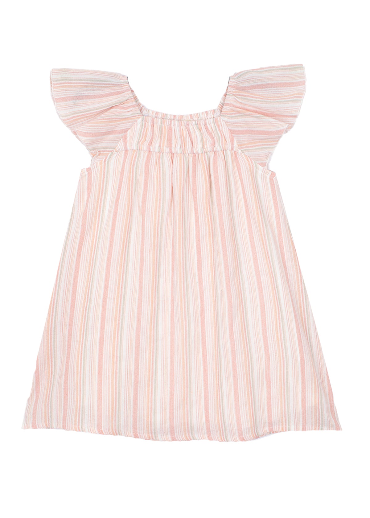 The Sandy Dress by Mabel and Honey features pink and white stripes, flutter sleeves, and a gathered neckline, shown laid flat on a white background.