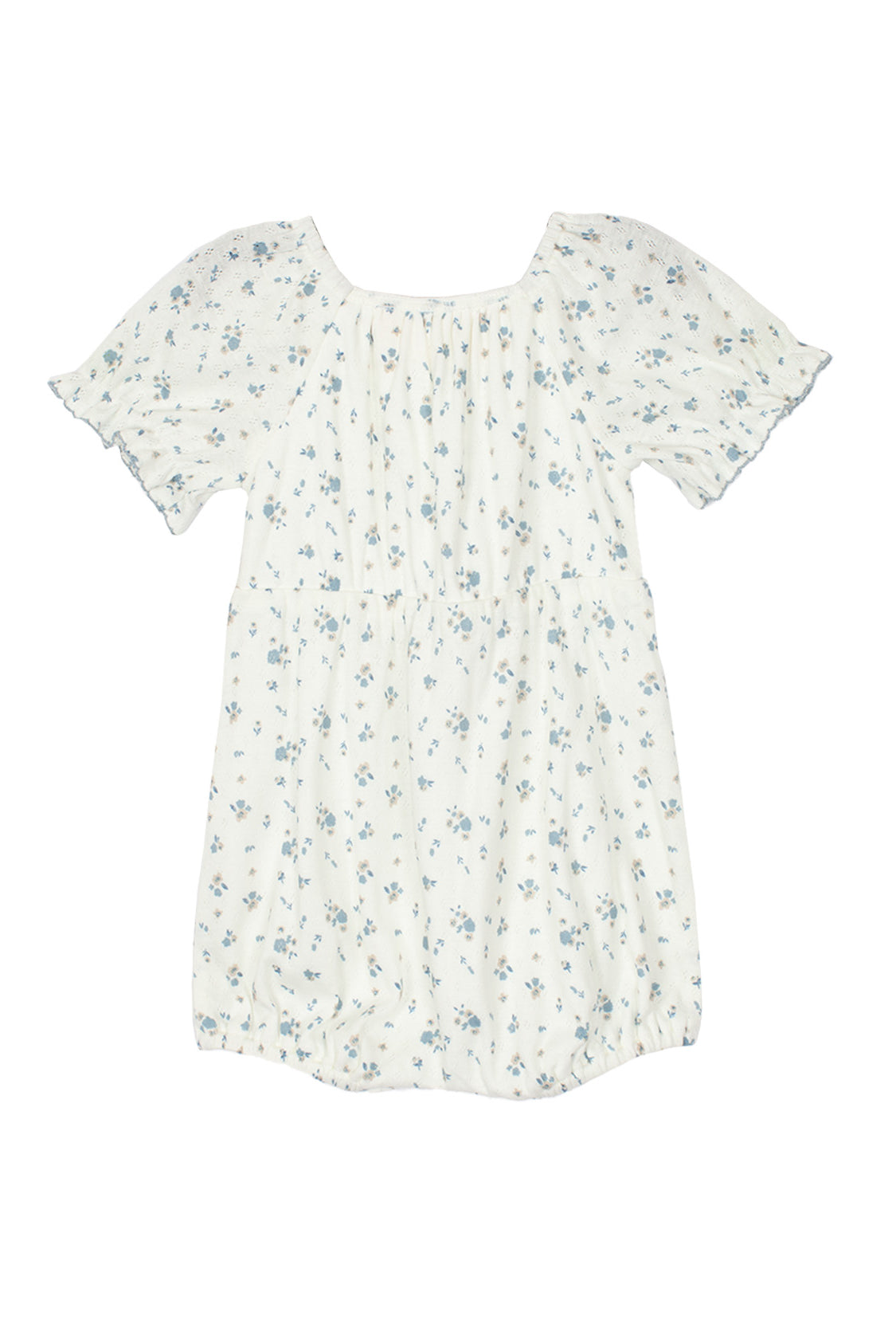 The Bluebell Baby Romper by Mabel and Honey features a white short-sleeve design with a square neckline, light blue floral pattern, subtle ruffled sleeves, and a loose gathered waist—an adorable choice for any occasion.