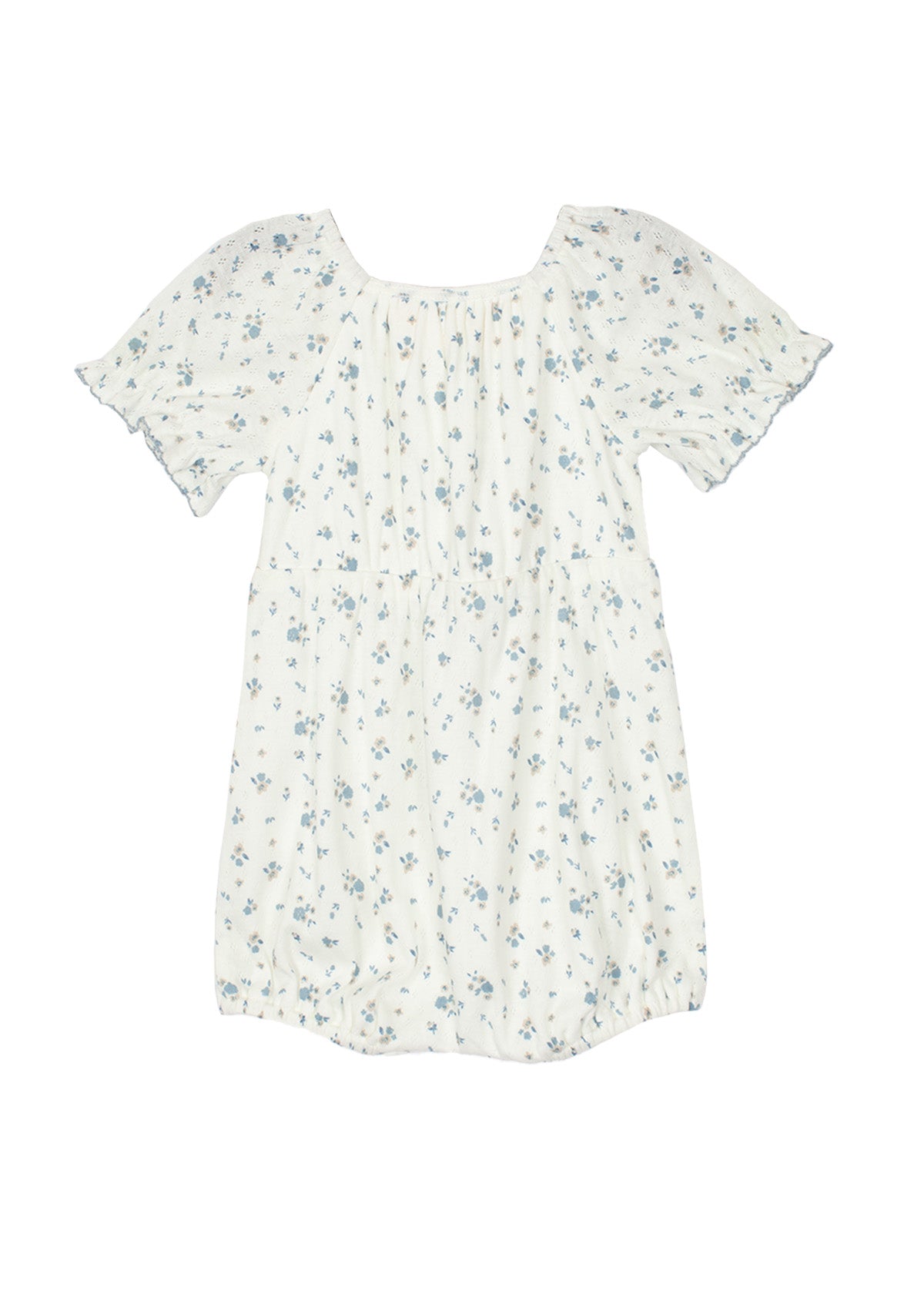 The Bluebell Baby Romper by Mabel and Honey features a white short-sleeve design with a square neckline, light blue floral pattern, subtle ruffled sleeves, and a loose gathered waist—an adorable choice for any occasion.