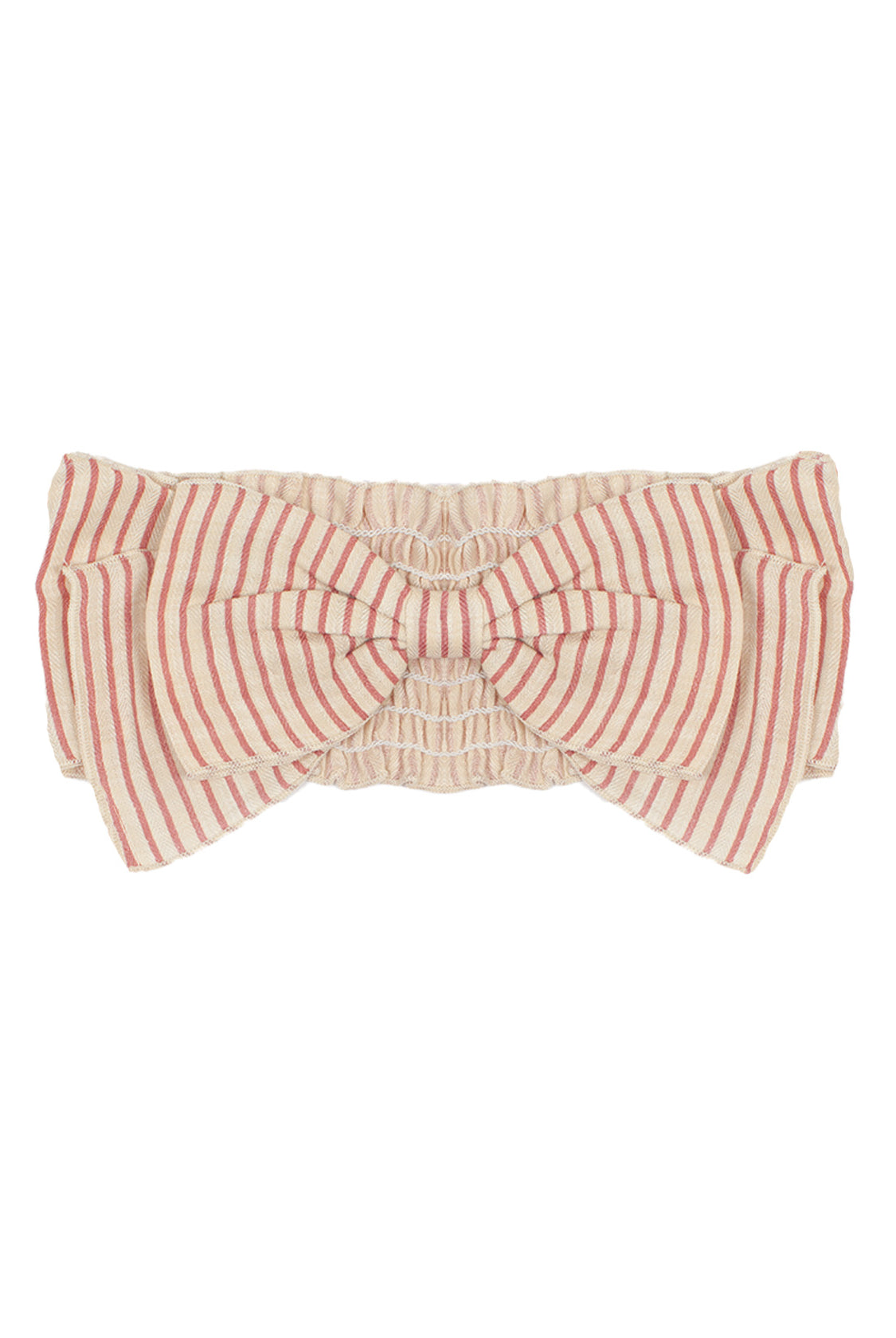 The Cranberry Crush Hair Accessory by Mabel and Honey is a cream-colored girls headband with an oversized bow, detailed with thin red vertical stripes evenly spaced on both the bow and band.