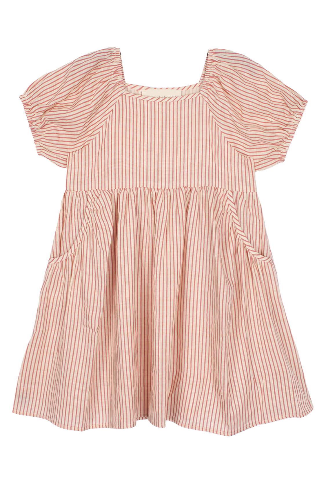 The Cranberry Crush Dress by Mabel and Honey is a pink and white striped girls dress with puff sleeves, a square neckline, gathered waist, and side pockets, shown against a white background.