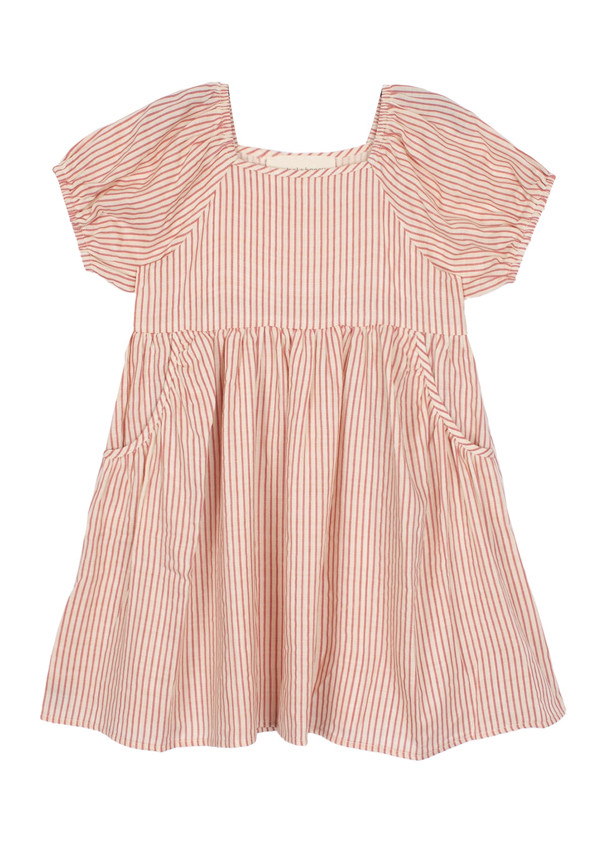 The Cranberry Crush Dress by Mabel and Honey is a pink and white striped girls dress with puff sleeves, a square neckline, gathered waist, and side pockets, shown against a white background.