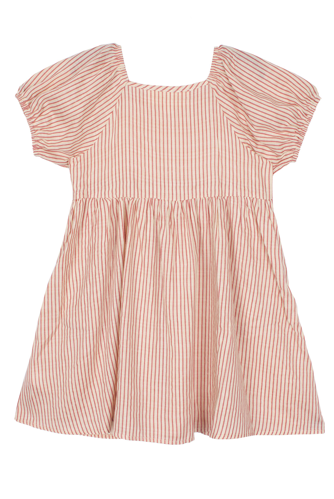 The Mabel and Honey Cranberry Crush Dress is a charming pink and white girls dress featuring puff sleeves, a gathered waist, striped pattern, and a playful square neckline.