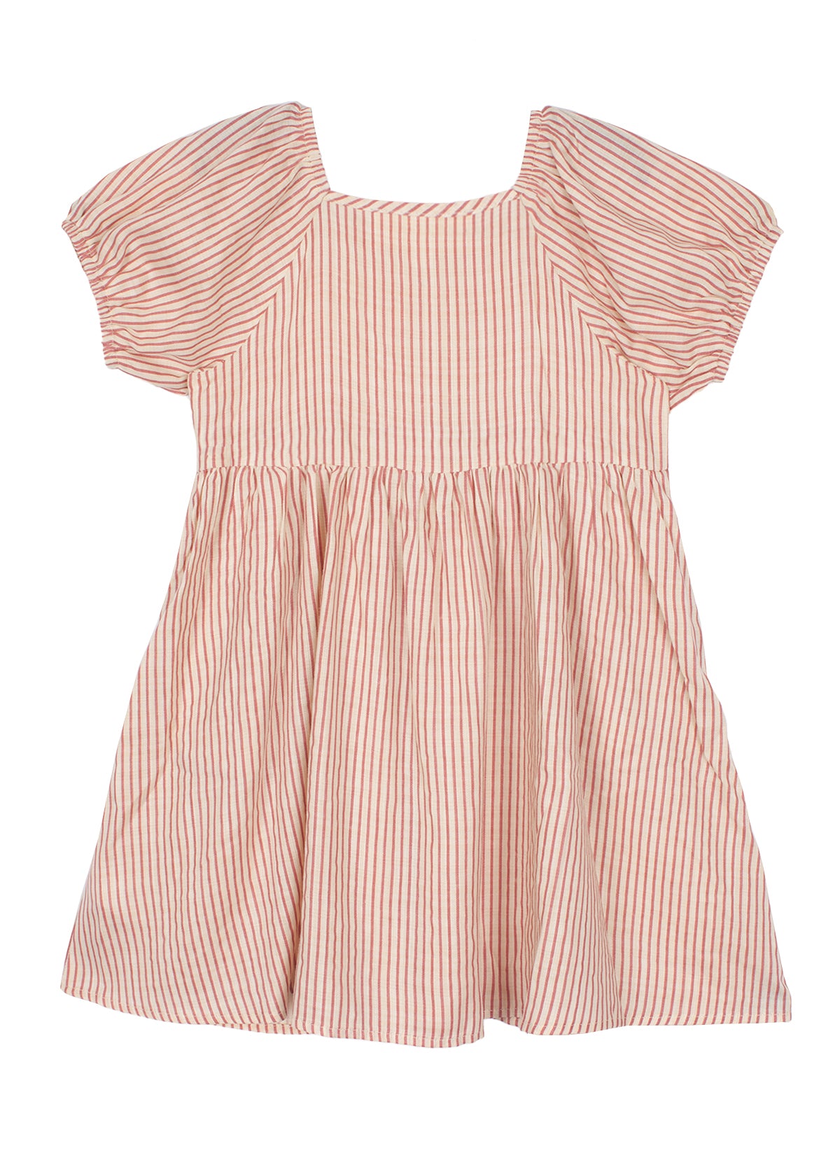 The Mabel and Honey Cranberry Crush Dress is a charming pink and white girls dress featuring puff sleeves, a gathered waist, striped pattern, and a playful square neckline.