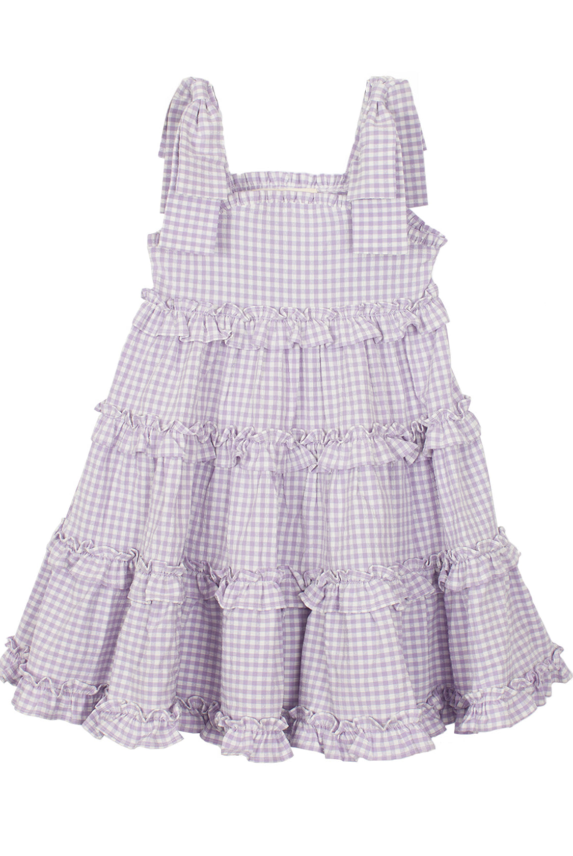 The Super Bloom Tiered Dress by Mabel and Honey is a sleeveless, knee-length lavender gingham dress with white checks, ruffled tiers, and wide shoulder straps tied in bows.
