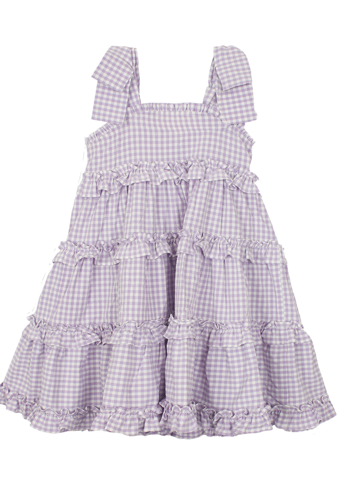 The Mabel and Honey Super Bloom Tiered Dress is a sleeveless, lavender gingham dress with wide straps and ruffled tiers—an adorable addition to any girls wardrobe.