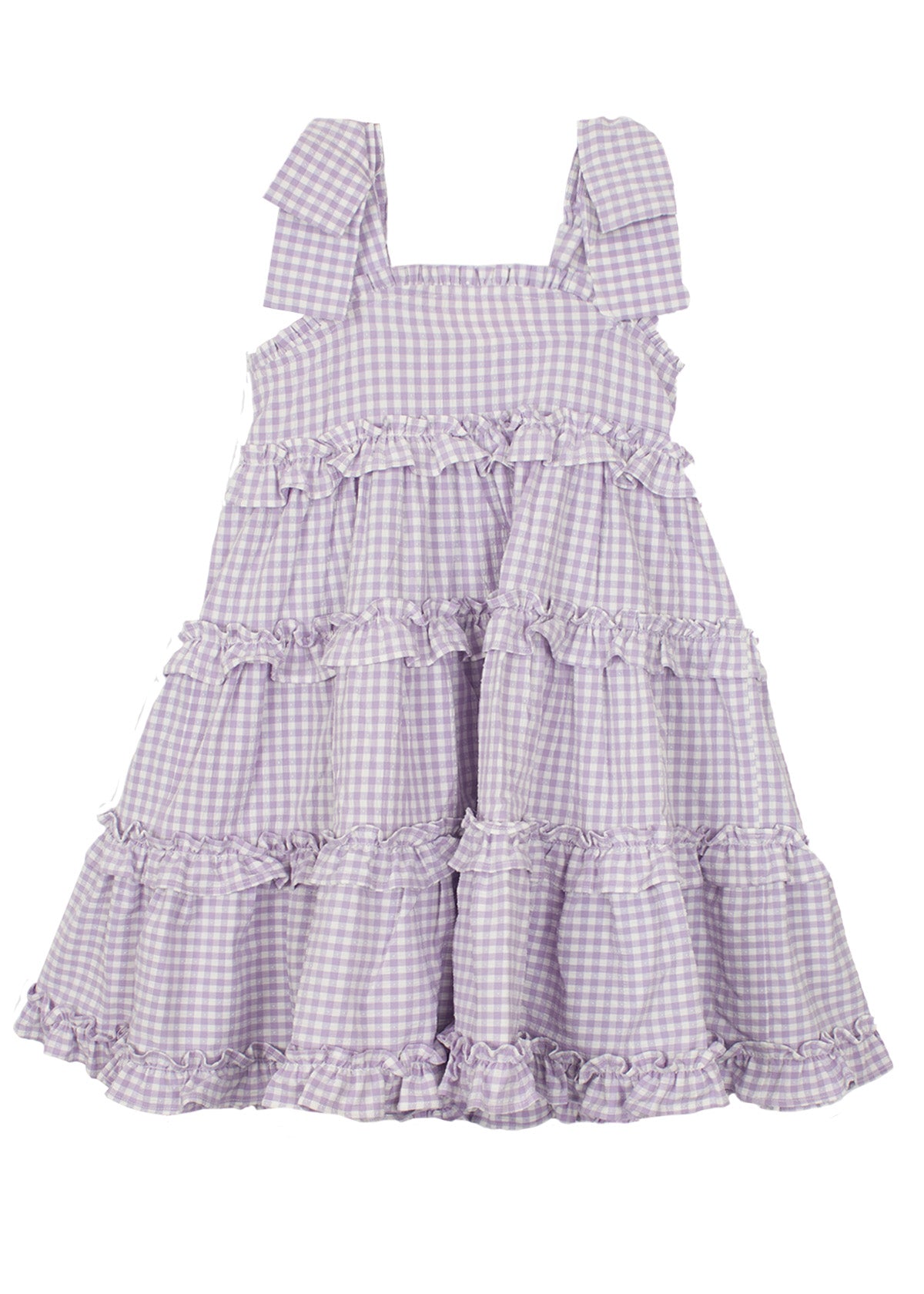 The Mabel and Honey Super Bloom Tiered Dress is a sleeveless, lavender gingham dress with wide straps and ruffled tiers—an adorable addition to any girls wardrobe.