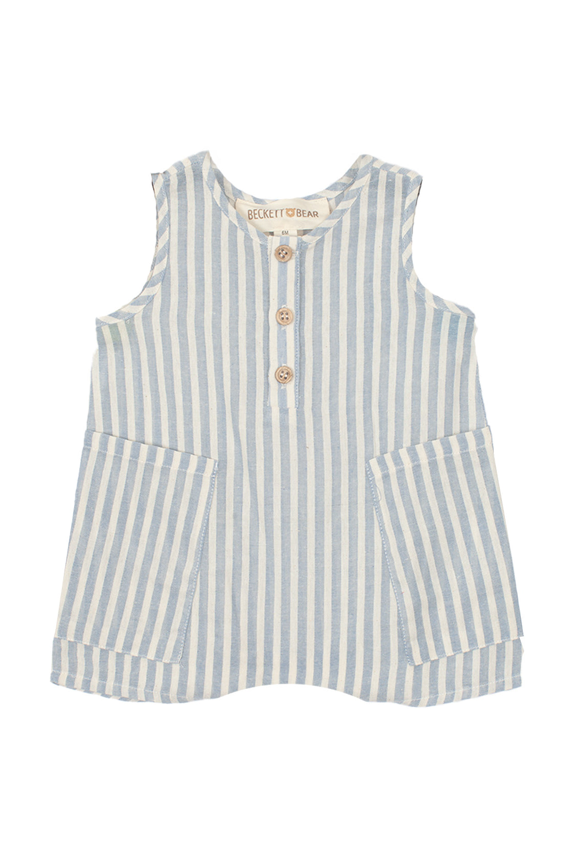 The Blake Baby Romper by Beckett and Bear is a sleeveless children’s romper made from 100% cotton with light blue and white stripes, wooden front buttons, and two large front pockets.