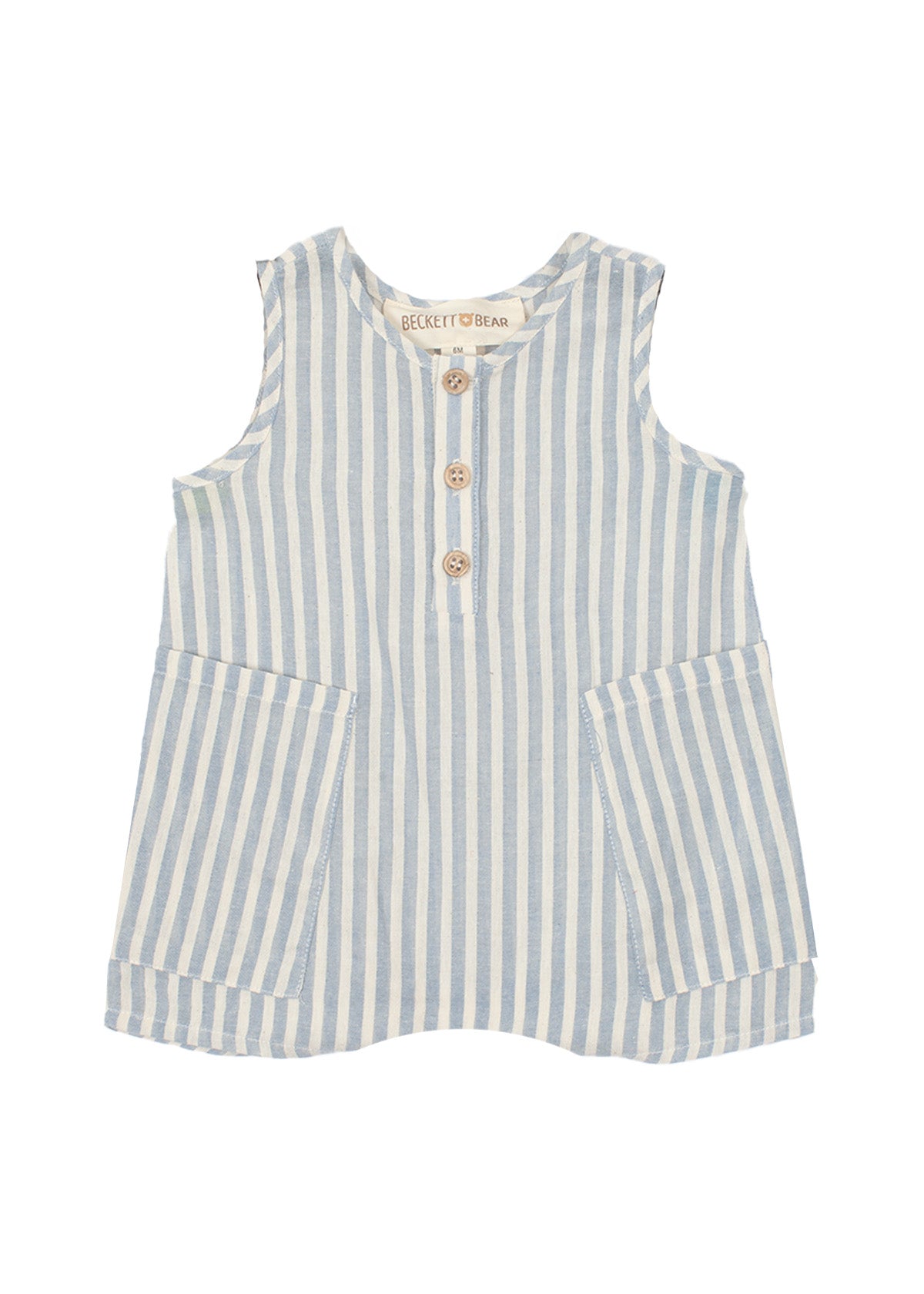 The Blake Baby Romper by Beckett and Bear is a sleeveless children’s romper made from 100% cotton with light blue and white stripes, wooden front buttons, and two large front pockets.