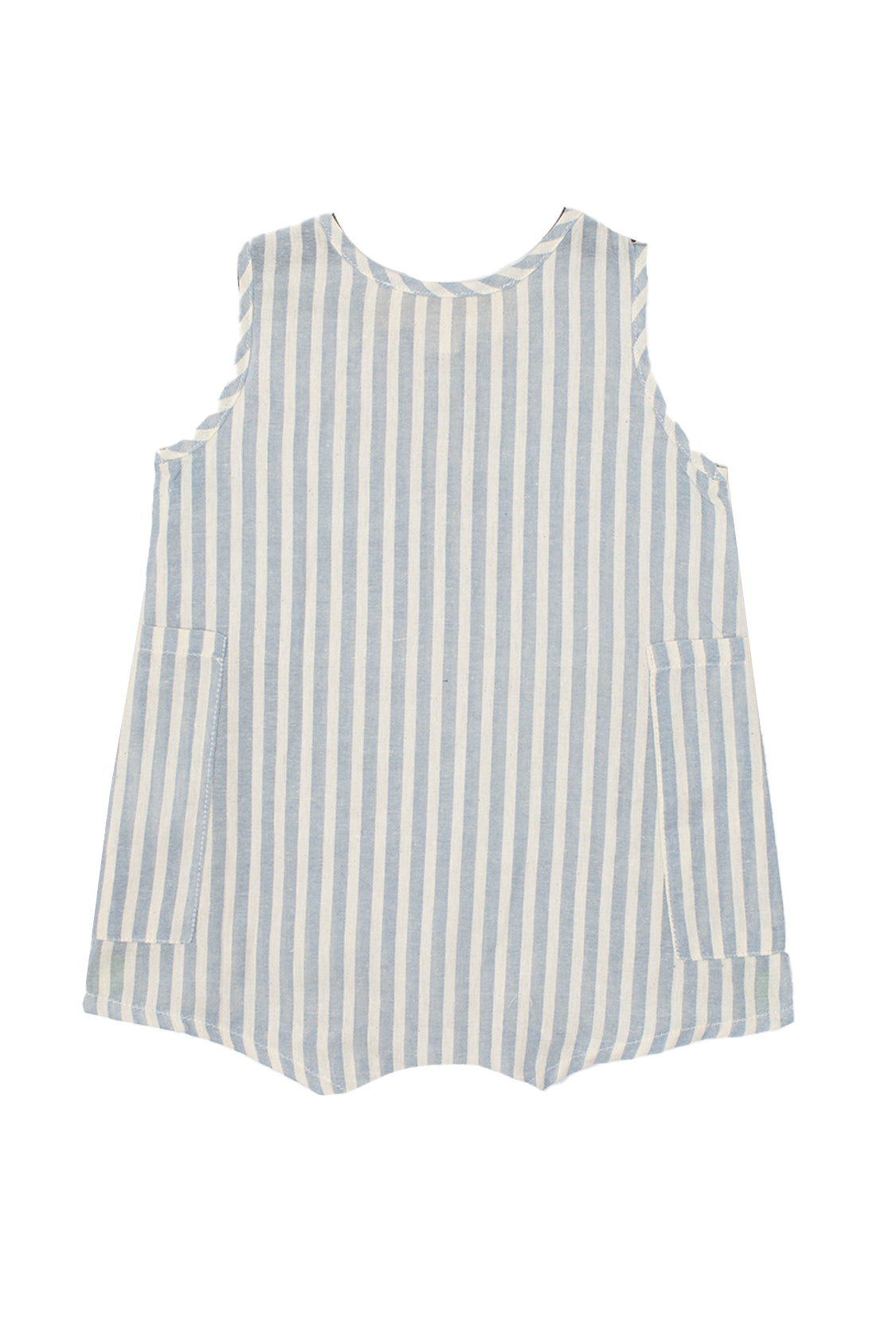 The Blake Baby Romper by Beckett and Bear is a sleeveless, loose-fit 100% cotton romper with light blue and white stripes, two side pockets, shown on a white background.