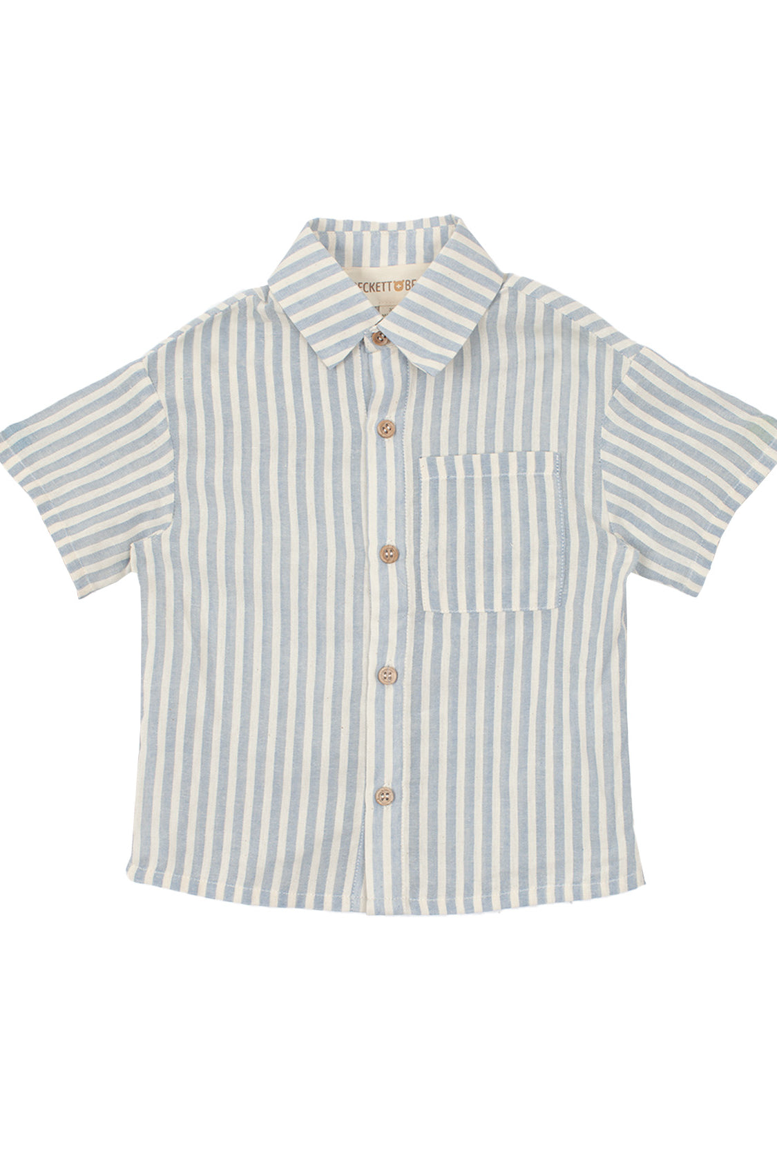 The Blake Top by Beckett and Bear is a 100% cotton short-sleeve button-up shirt with light blue and white vertical stripes, a collar, and a single chest pocket for added style and comfort.