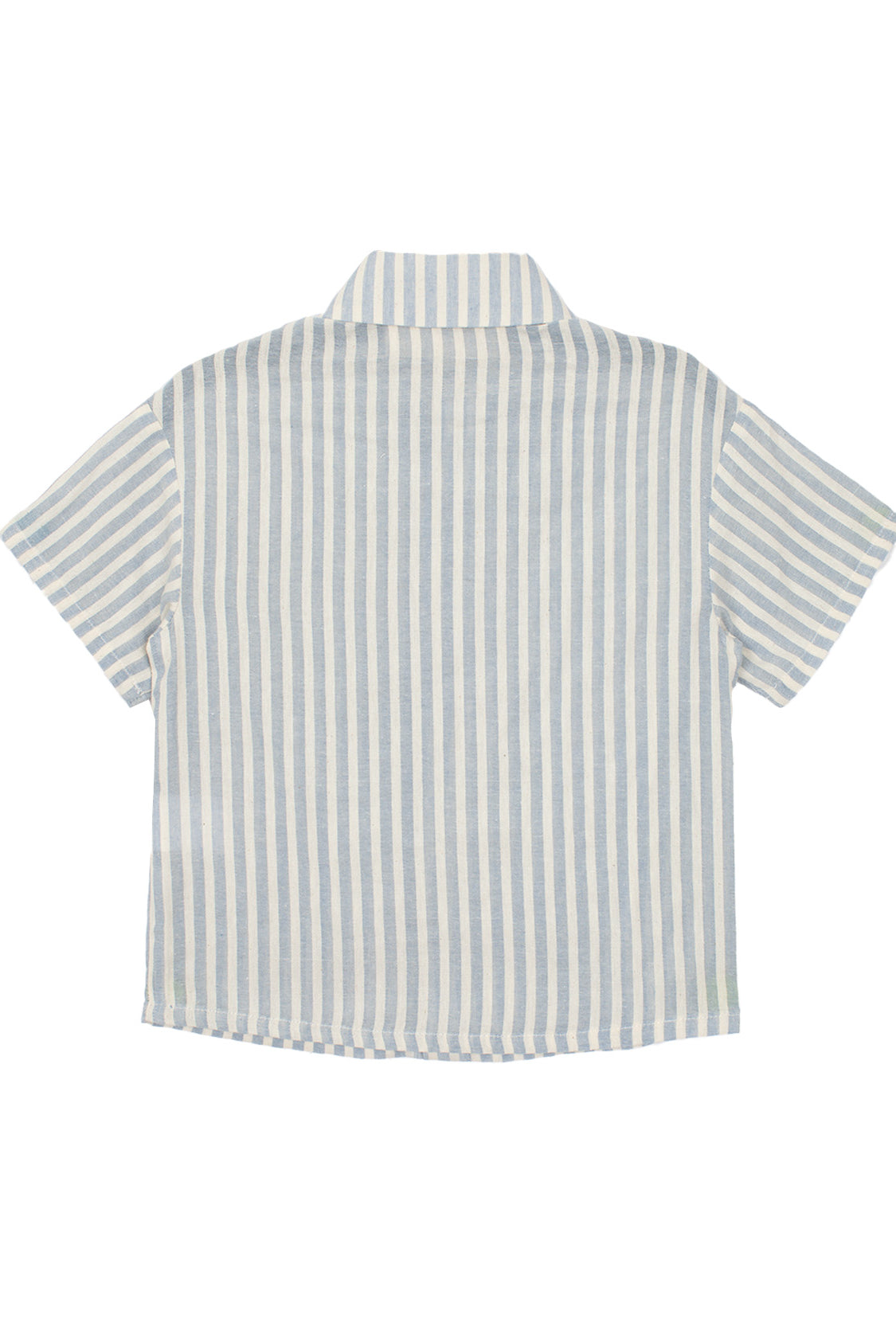 The Blake Top by Beckett and Bear is a 100% cotton short-sleeve button-up with vertical light blue and white stripes, a collar, loose fit, and shown from the back.