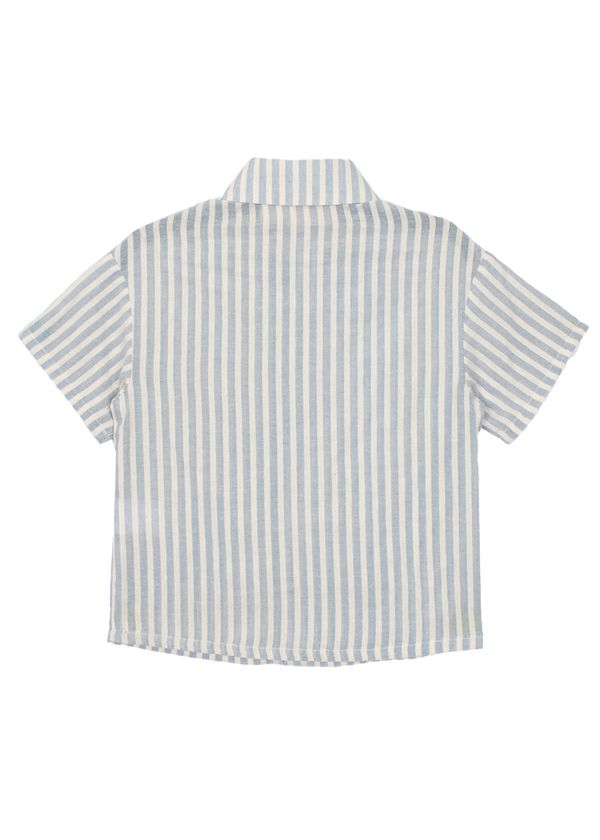 The Blake Top by Beckett and Bear is a 100% cotton short-sleeve button-up with vertical light blue and white stripes, a collar, loose fit, and shown from the back.