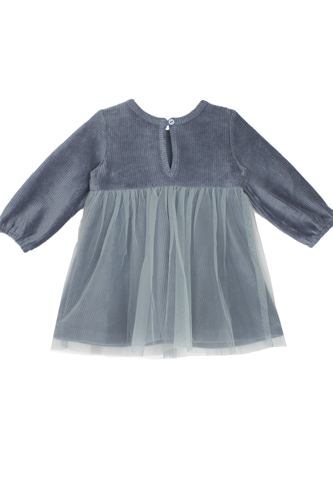 The Skylar Blue Suede Dress by Mabel and Honey features long sleeves, a round neckline, back button closure, and a sheer layered tulle skirt for an elegant touch.