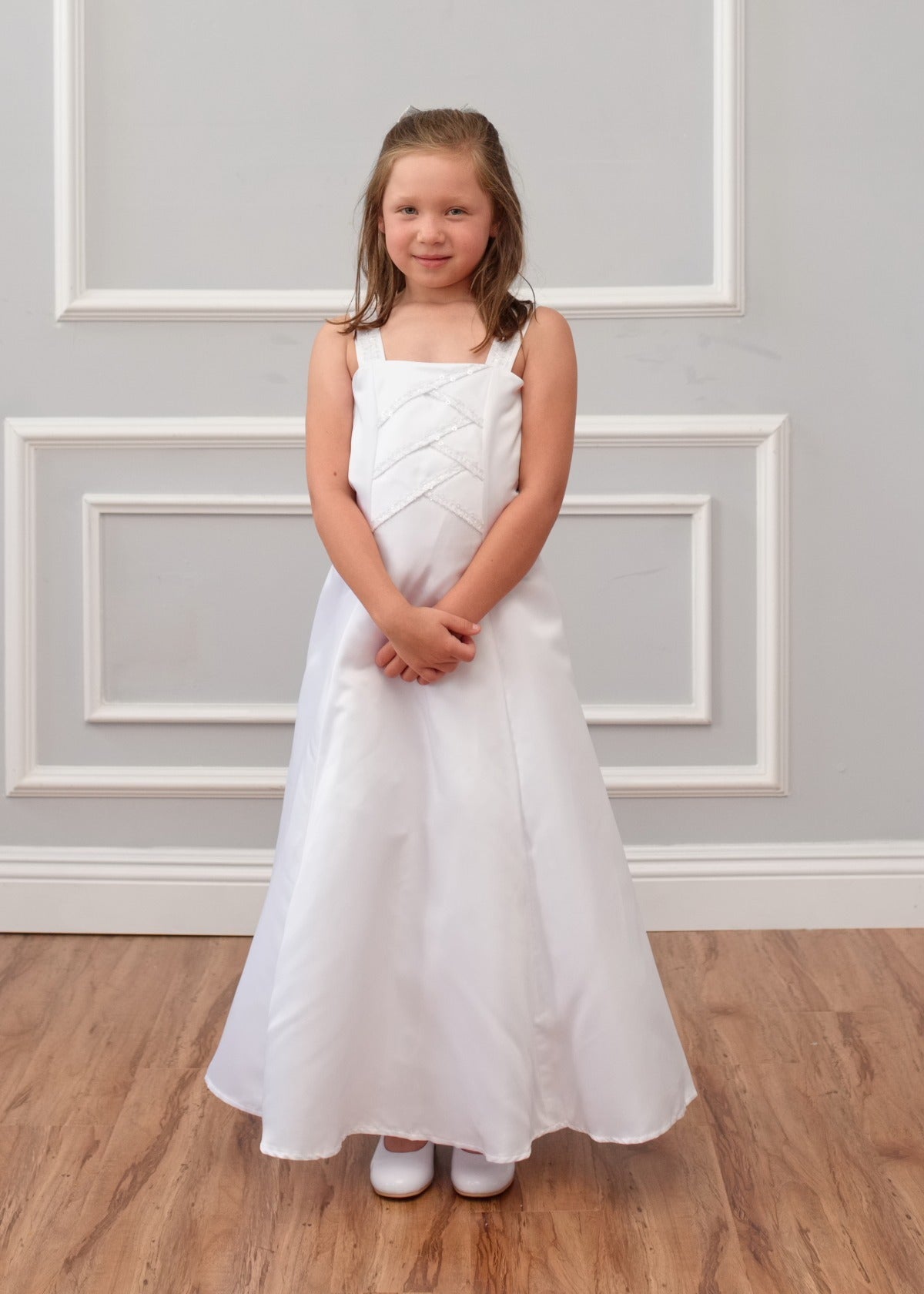first communion dresses satin Flower Girl Party Long Satin Pearl Trim Communion Dress by AS386 Kids Dream