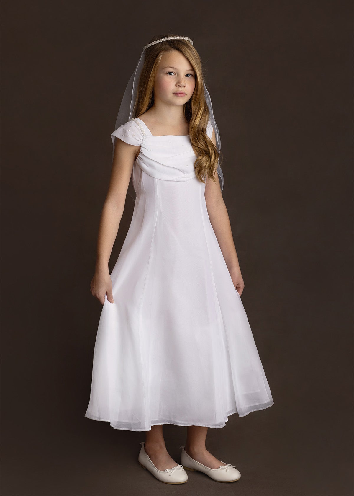 chiffon communion dresses Chiffon Communion Dress w/ Beaded Shoulder Detail Mabel + Honey