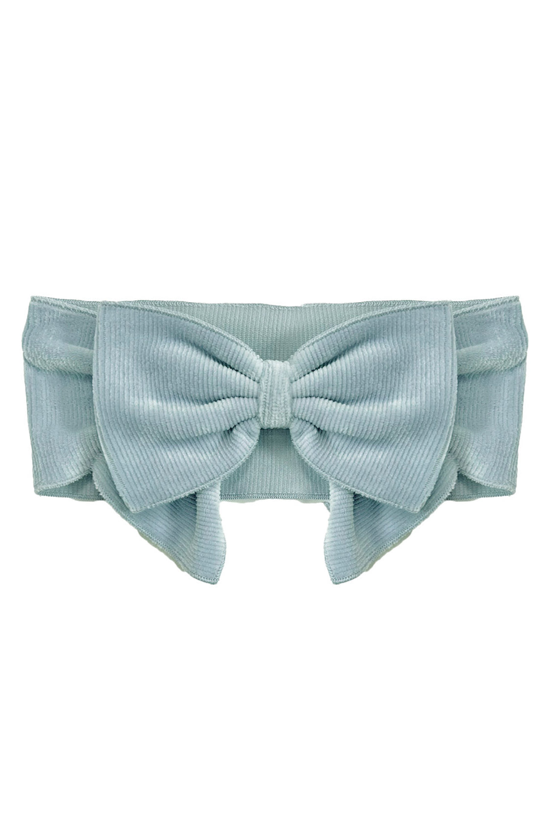 The Blair Hair Accessory by Mabel and Honey is a light blue corduroy ribbed headband with a large front bow—a stylish addition to any look.