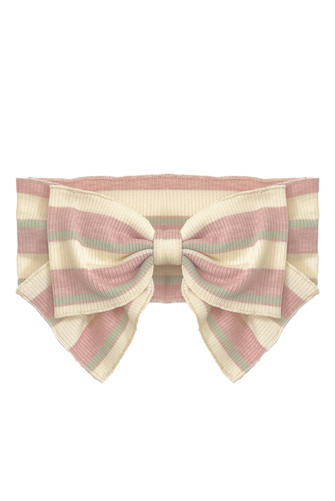 A ribbed off-shoulder bandeau top with pastel pink, cream, and light green stripes and a front bow pairs perfectly with the Mabel and Honey Candy Stripe Hair Accessory for a playful look.
