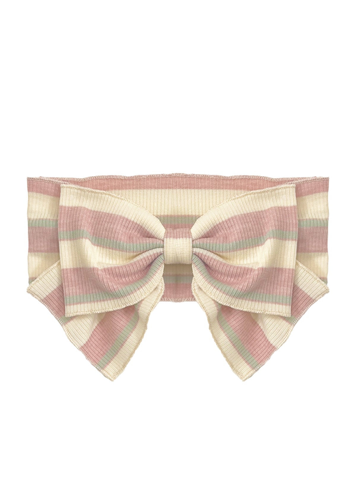 A ribbed off-shoulder bandeau top with pastel pink, cream, and light green stripes and a front bow pairs perfectly with the Mabel and Honey Candy Stripe Hair Accessory for a playful look.