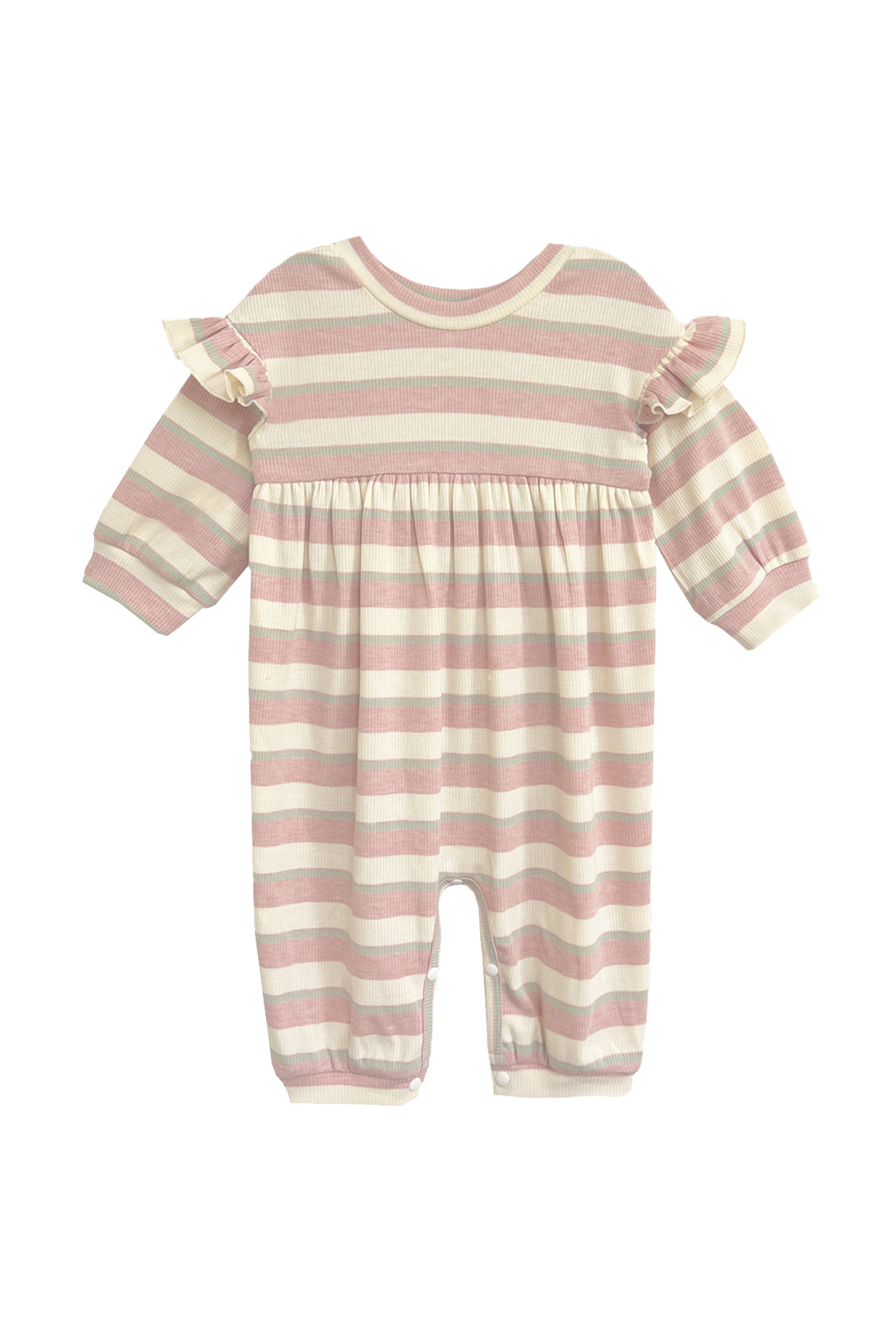 The Mabel and Honey Candy Stripe Romper features pink and white stripes, ruffled shoulders, a gathered waist, and ribbed cuffs—a charming choice for any little one.