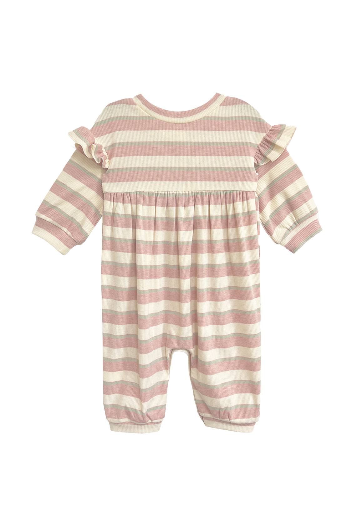 The Mabel and Honey Candy Stripe Romper features pink and white stripes, long sleeves, ruffled shoulders, a gathered waist, and cuffed wrists and ankles, shown on a white background.