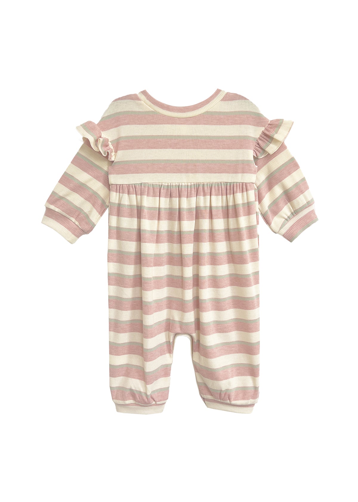 The Mabel and Honey Candy Stripe Romper features pink and white stripes, long sleeves, ruffled shoulders, a gathered waist, and cuffed wrists and ankles, shown on a white background.