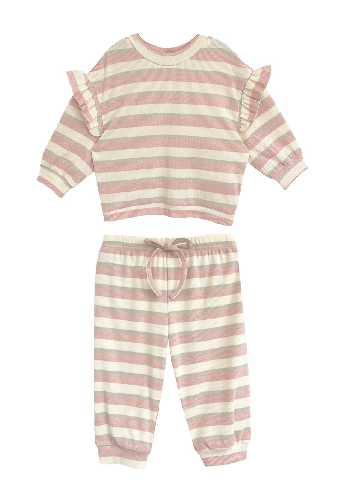 The Mabel and Honey Candy Stripe Two Piece Set includes a long-sleeve ruffled top and bow-tie drawstring pants in playful pink and white stripes, offering a cute, cozy style perfect for your toddler.