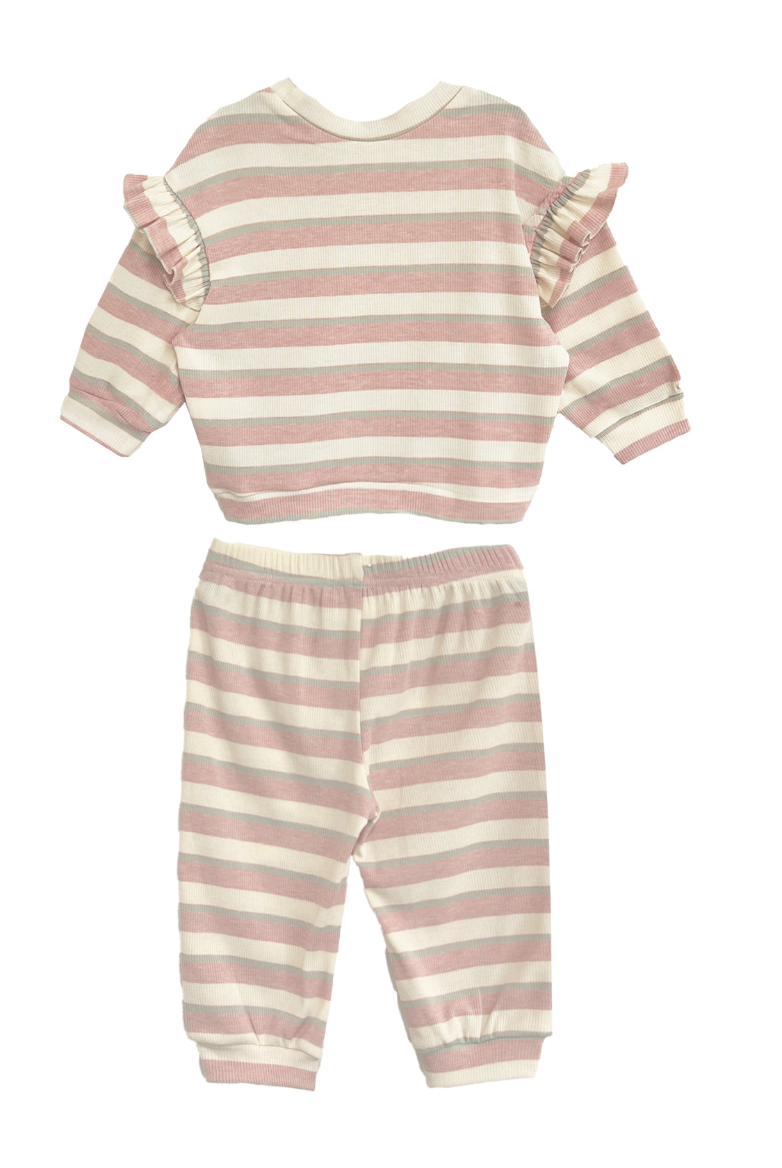The Candy Stripe Two Piece Set by Mabel and Honey features pink and white stripes, a long-sleeve top with ruffled shoulders, and matching elastic-waist pants with cuffed ankles for a cozy look.