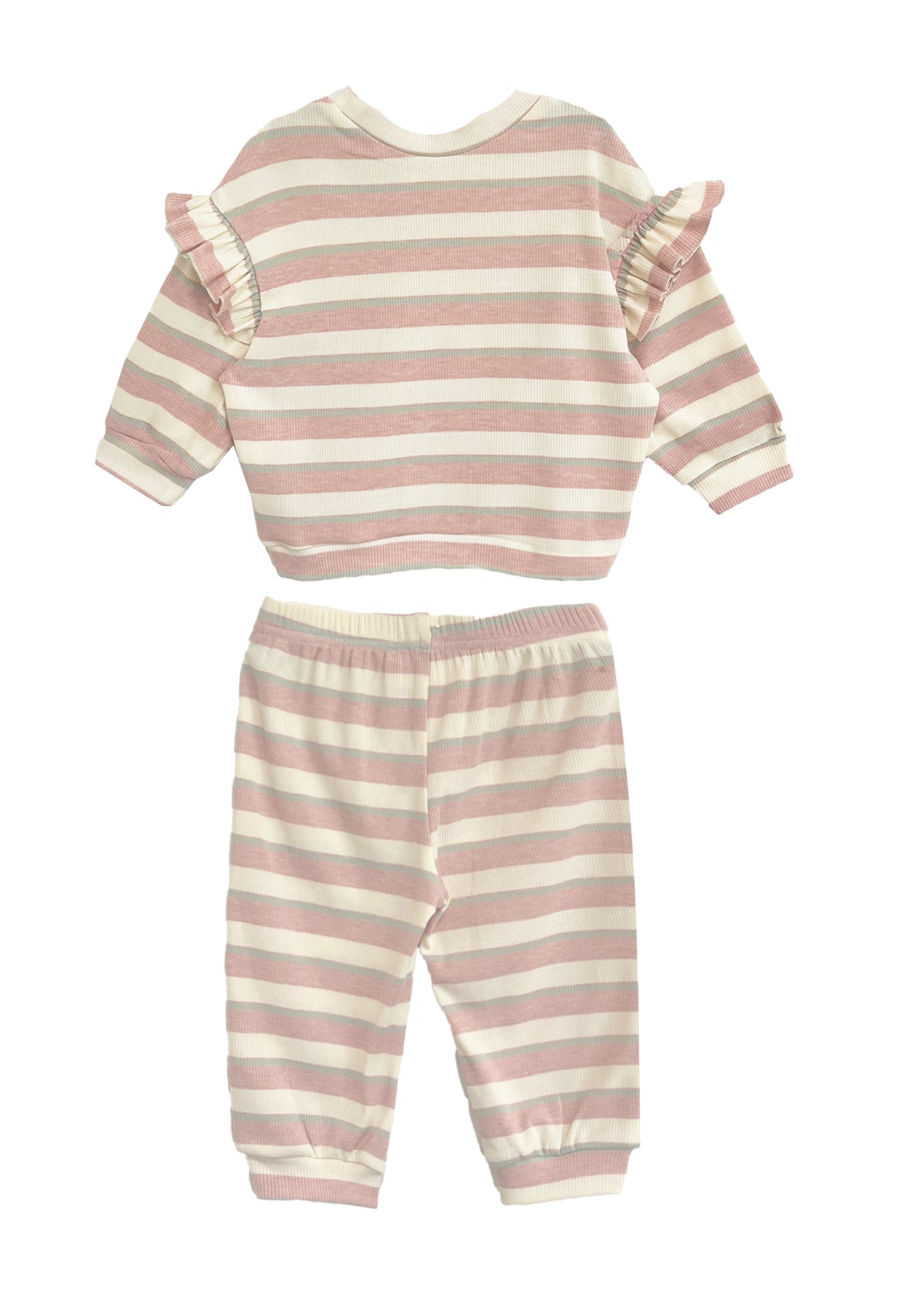 The Candy Stripe Two Piece Set by Mabel and Honey features pink and white stripes, a long-sleeve top with ruffled shoulders, and matching elastic-waist pants with cuffed ankles for a cozy look.