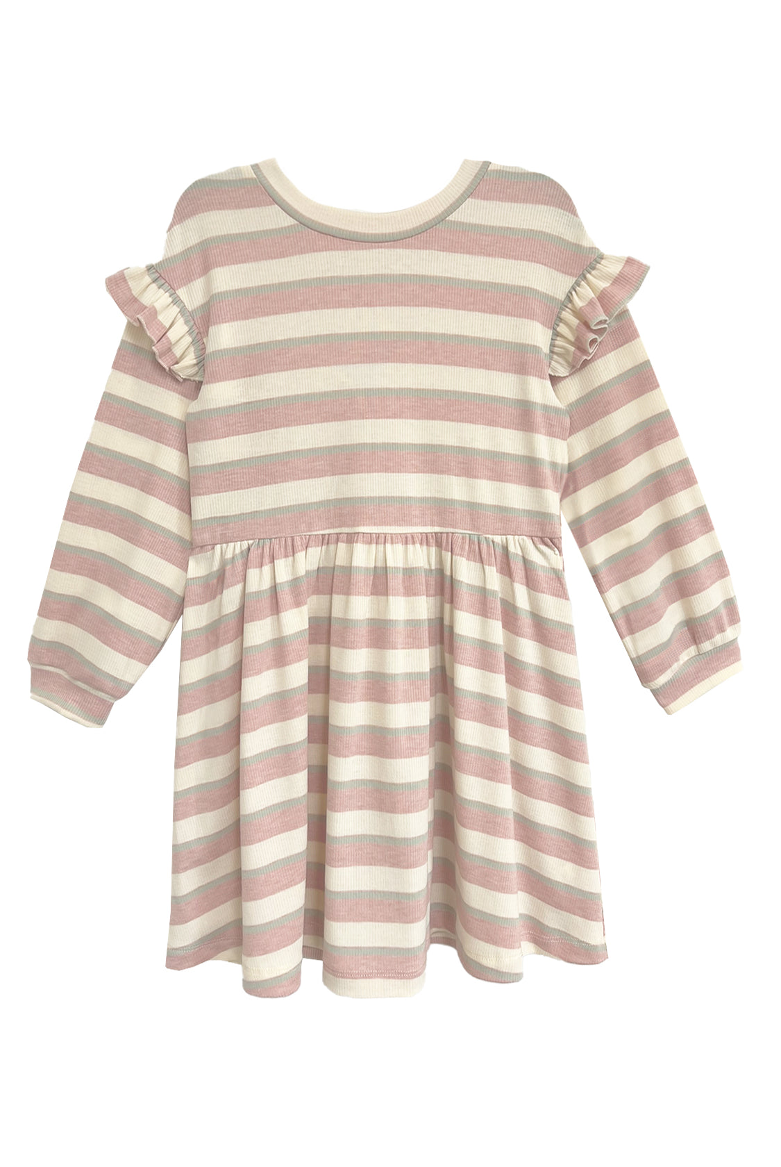 The Candy Stripe Dress by Mabel and Honey features pink stripes, long sleeves, ruffled shoulders, a gathered waist, and cuffed sleeves—an adorable addition to any girl's wardrobe.