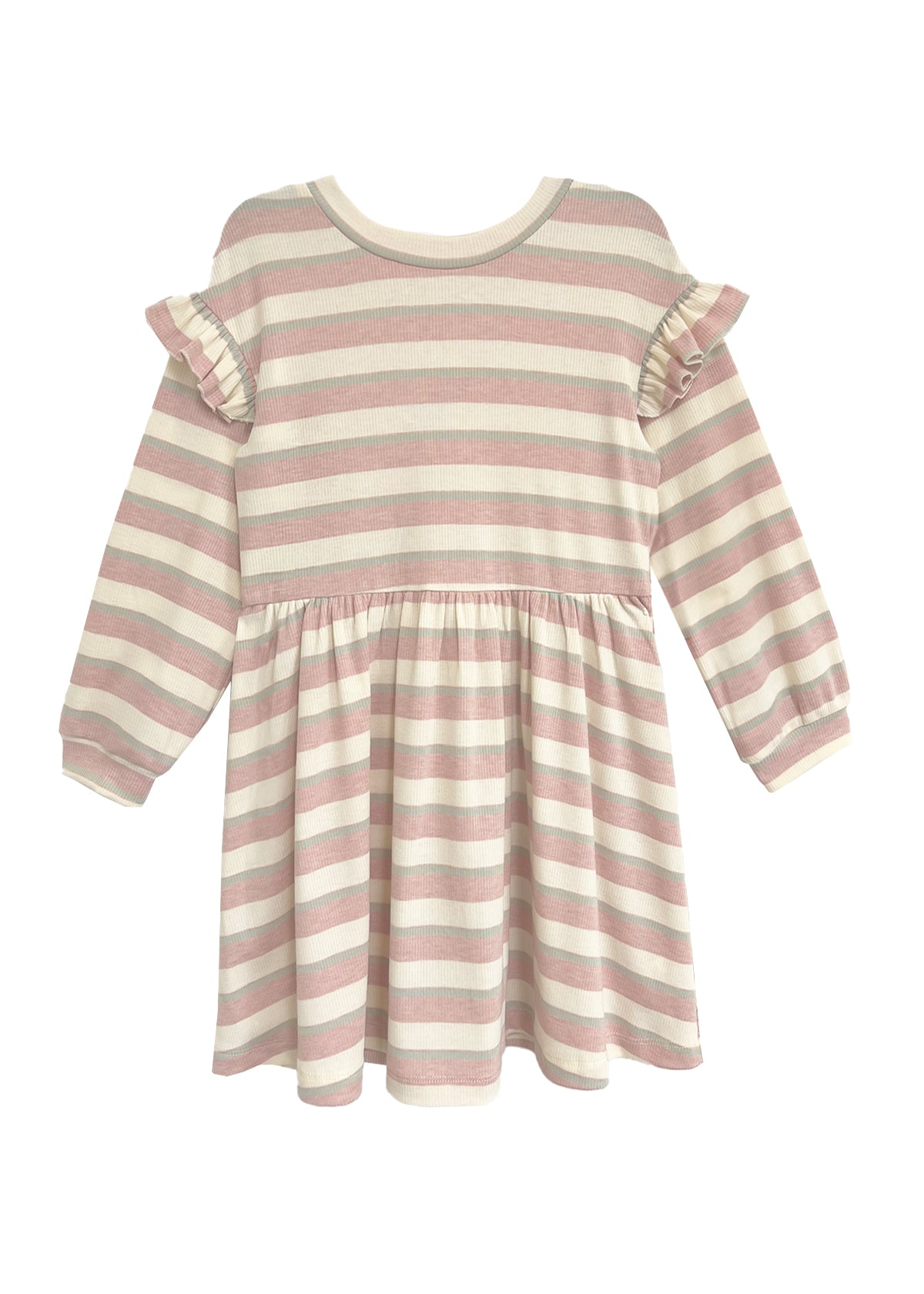 The Candy Stripe Dress by Mabel and Honey features pink stripes, long sleeves, ruffled shoulders, a gathered waist, and cuffed sleeves—an adorable addition to any girl's wardrobe.