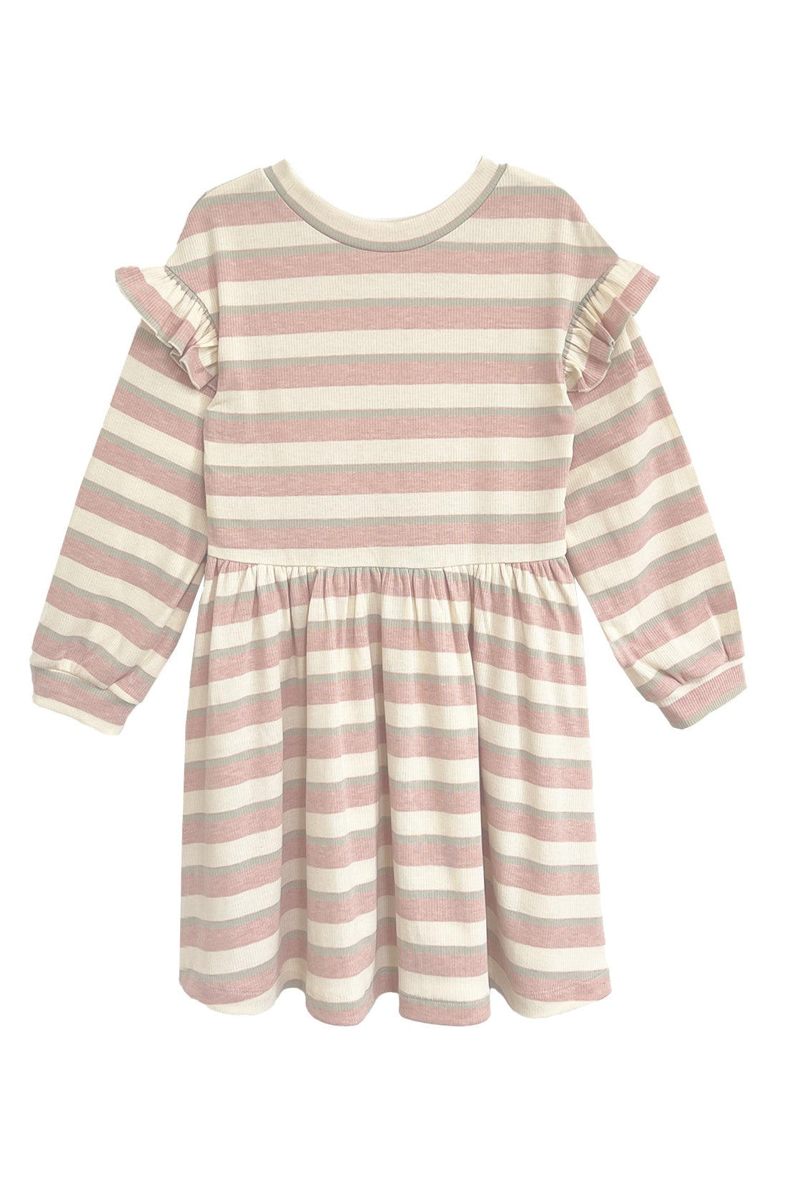 The Candy Stripe Dress by Mabel and Honey is a charming girls’ dress with pink and white stripes, ruffled shoulders, and a gathered waist—ideal for stylish comfort.