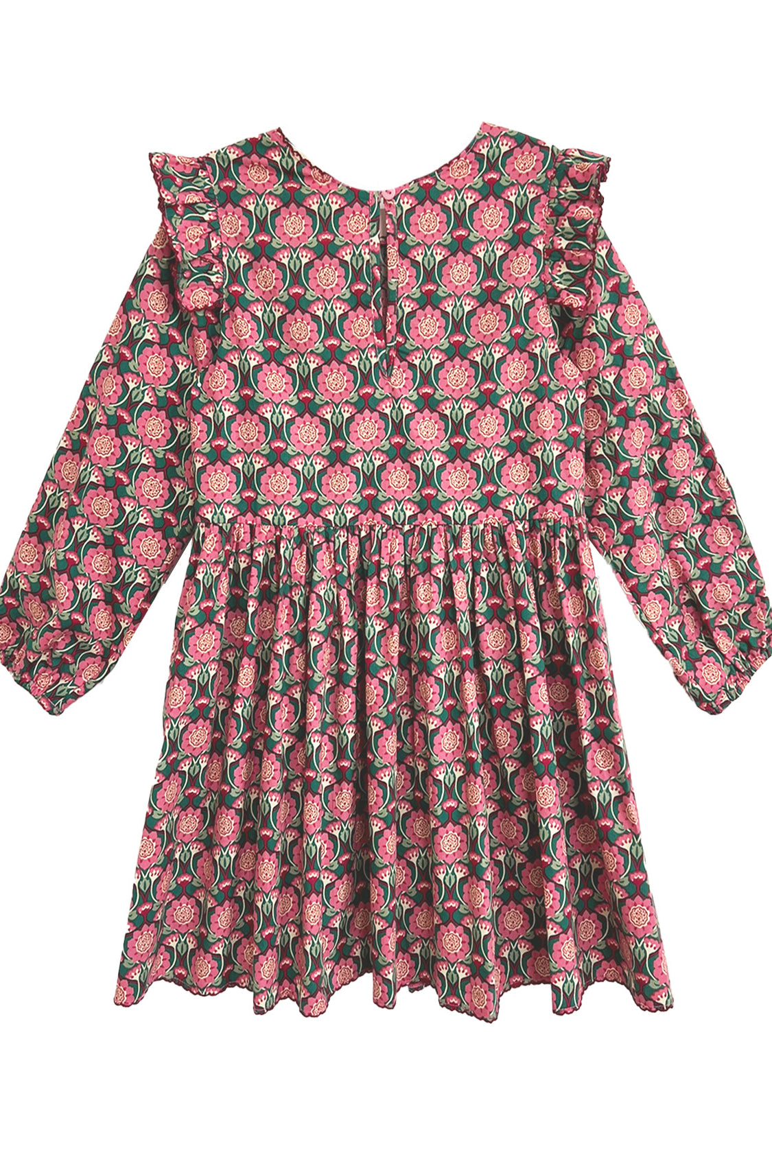 The Perfect in Pink Dress by Mabel and Honey is a charming, feminine long sleeve dress with pink floral print, ruffle details, knee-length cut, gathered waist, and elastic cuffs.