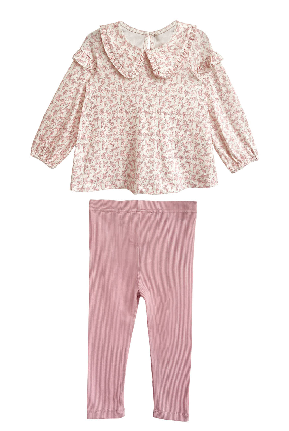The Mabel and Honey Primrose Two Piece Set features a charming pink floral long-sleeved top with a large collar and plain light pink leggings—a perfect outfit for any baby girl.